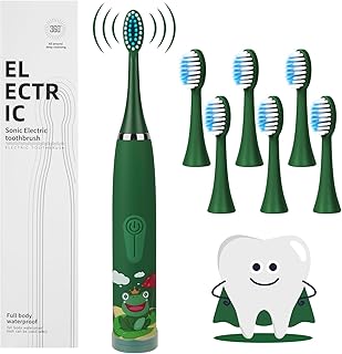 Vicloon Elektrische Zahnbürste Kinder, Kinderzahnbürste Elektrisch ab 5 Jahre, 6 weiche Ersatzbürstenköpfen, 2 Minuten Smart Timer, Wasserdicht IPX6, für Empfindliche Babyzähne (Grün)