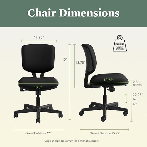Miniatura 7 de HON Volt - Sillas de oficina sin brazos con ruedas, ergonómicas ajustables y reclinables, respaldo y asiento de tela, silla de escritorio giratoria,