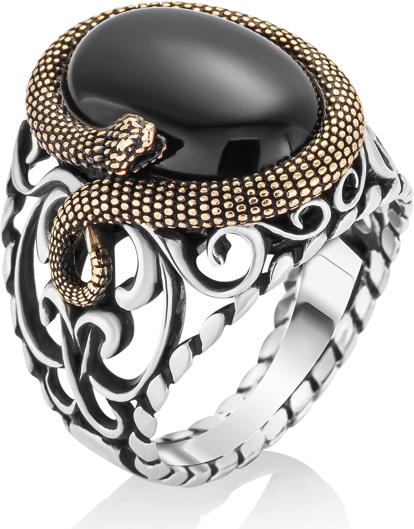 925 Sterling Silver 3D Snake Figured Gemstone Natural Stone Engraved Special Design Men's Ring (ONYX STONE, 9.5)