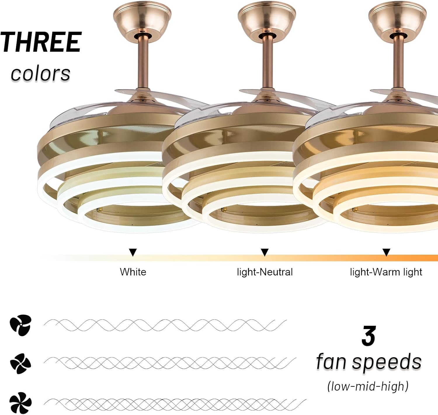 42 Inch Retractable Ceiling Fans with Lights and Remote, Geometric Circled Chandelier Fan, 3-Color LED Lamp, Invisible Blades Modern Smart Fan for Bedroom Living Room (Gold)