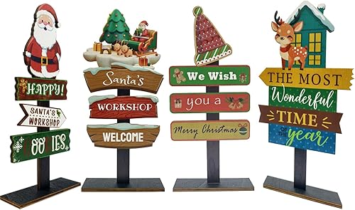 4 centros de mesa de Navidad para mesas, decoraciones de mesa de Navidad, decoraciones de Navidad para interiores, letreros rústicos de madera de