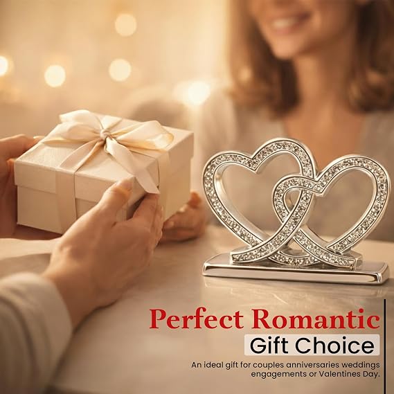 BML Silver Double Heart Ornament with Crystal Elegant Romantic Table Decor Gift for Wedding Anniversary Valentine