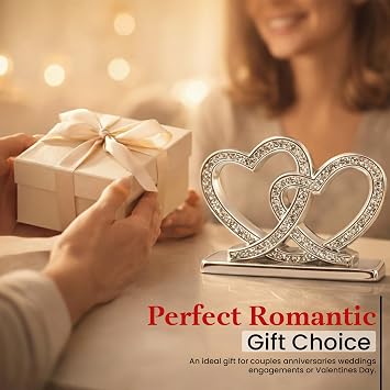 BML Silver Double Heart Ornament with Crystal Elegant Romantic Table Decor Gift for Wedding Anniversary Valentine
