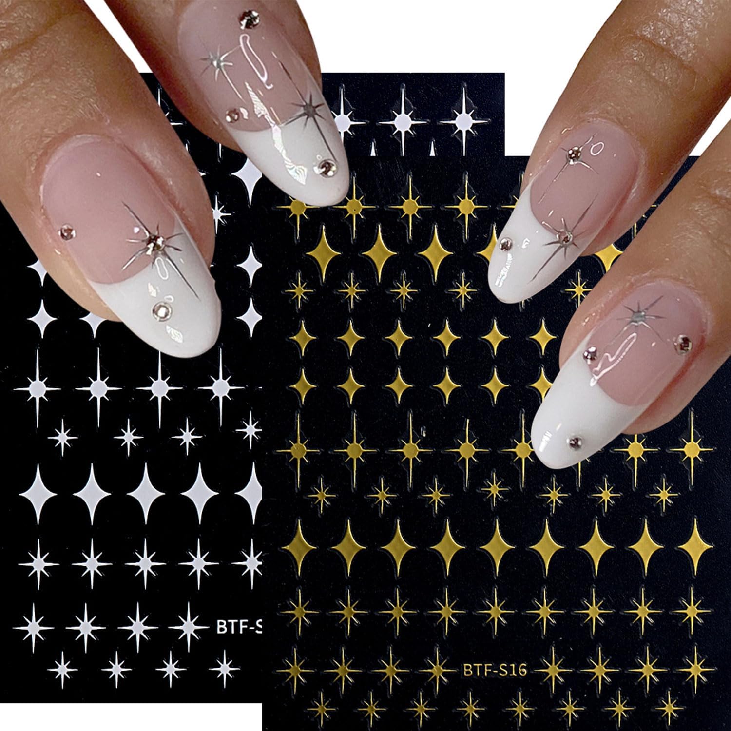12 Sheets Star Nail Stickers Black White Nail Decals Gold Silvery Stars Design Nail Art Stickers 3D Self-Adhesive Manicure DIY for Women Acrylic Nails Supplies image 2