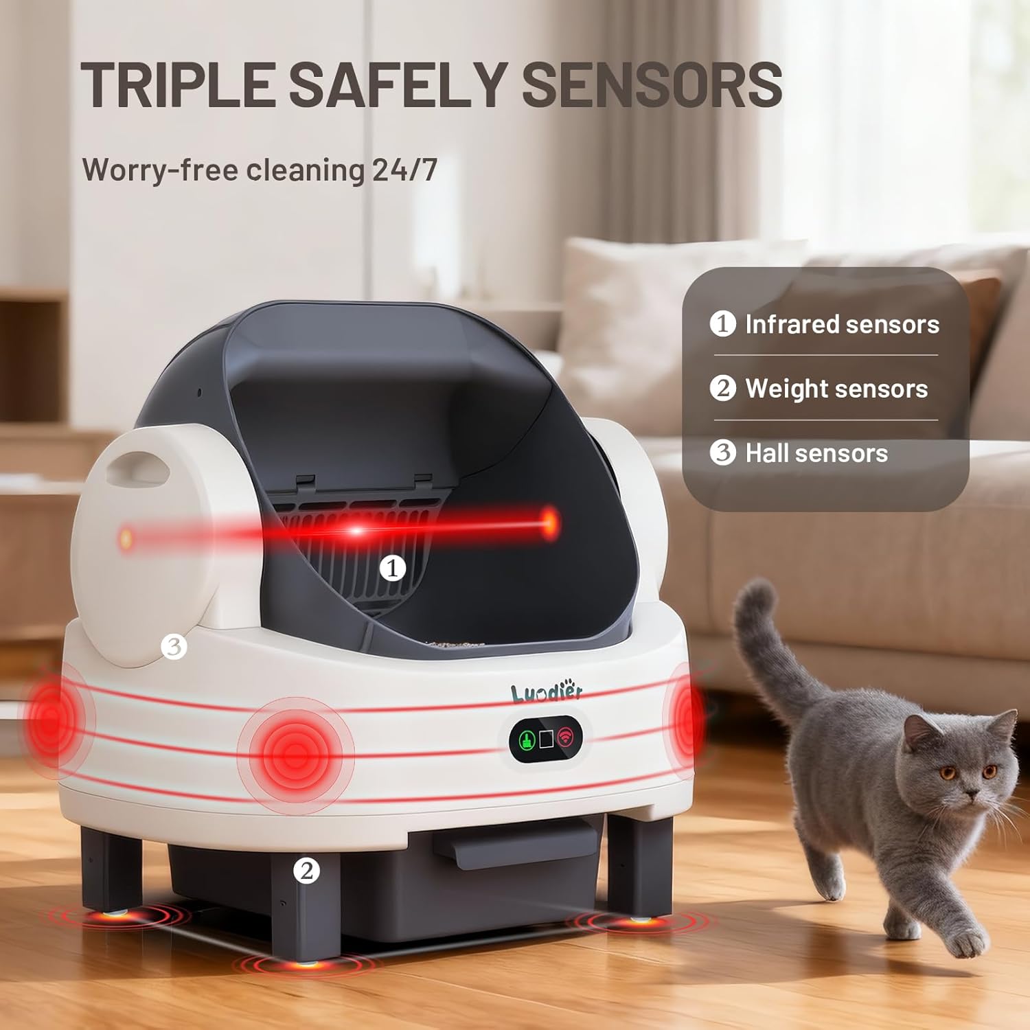 Automatic Litter Box, Large Open-Top Self Cleaning Litter Box for Multiple Cats, Multiple Safety Sensor, APP Control, Odor-Free, Includes 1 Roll Trash Bags 1 Litter Mat