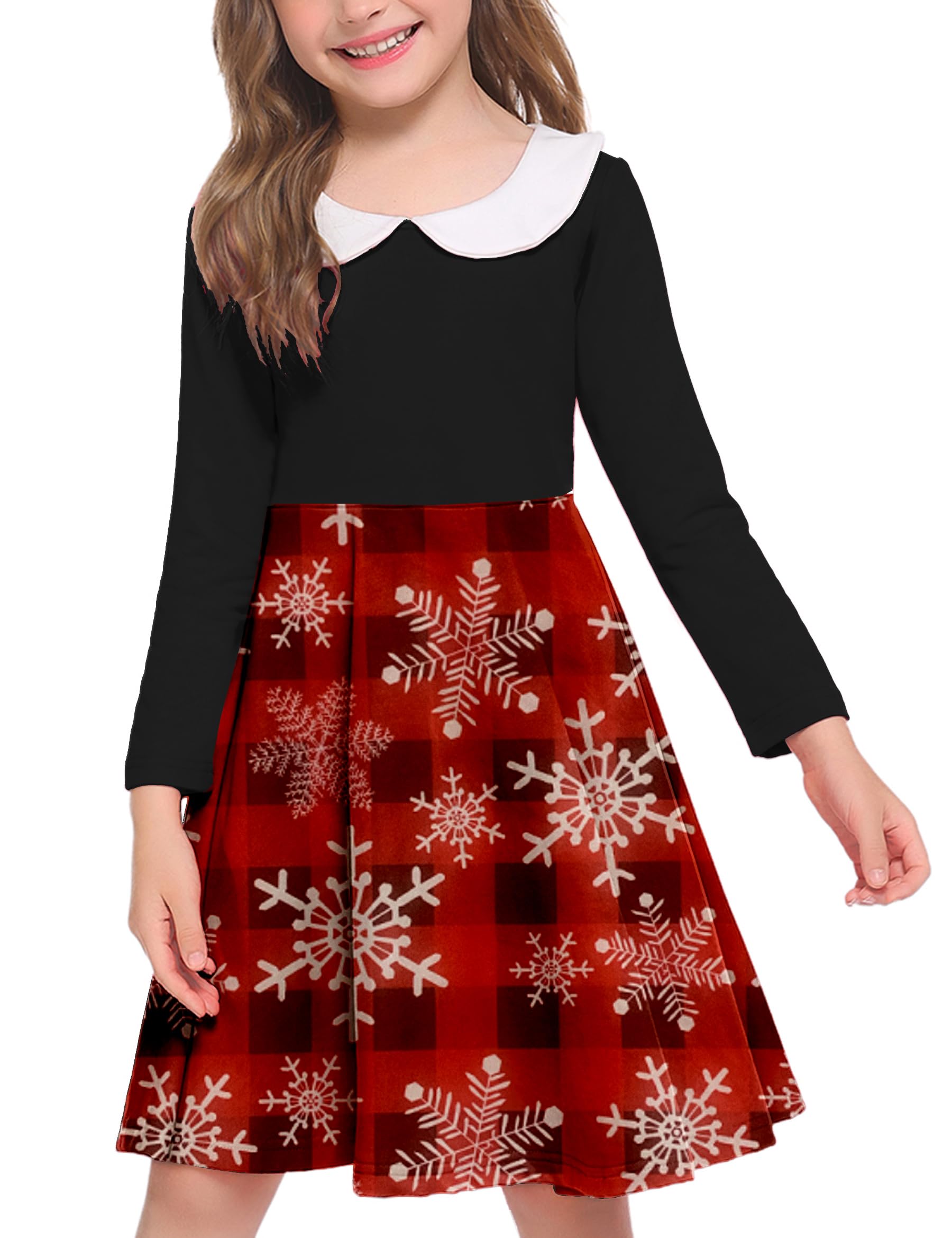 Arshiner Girls Long Sleeve Dress Casual Vintage Peter Pan Collar Swing  Party Dress Age 3-14 Years