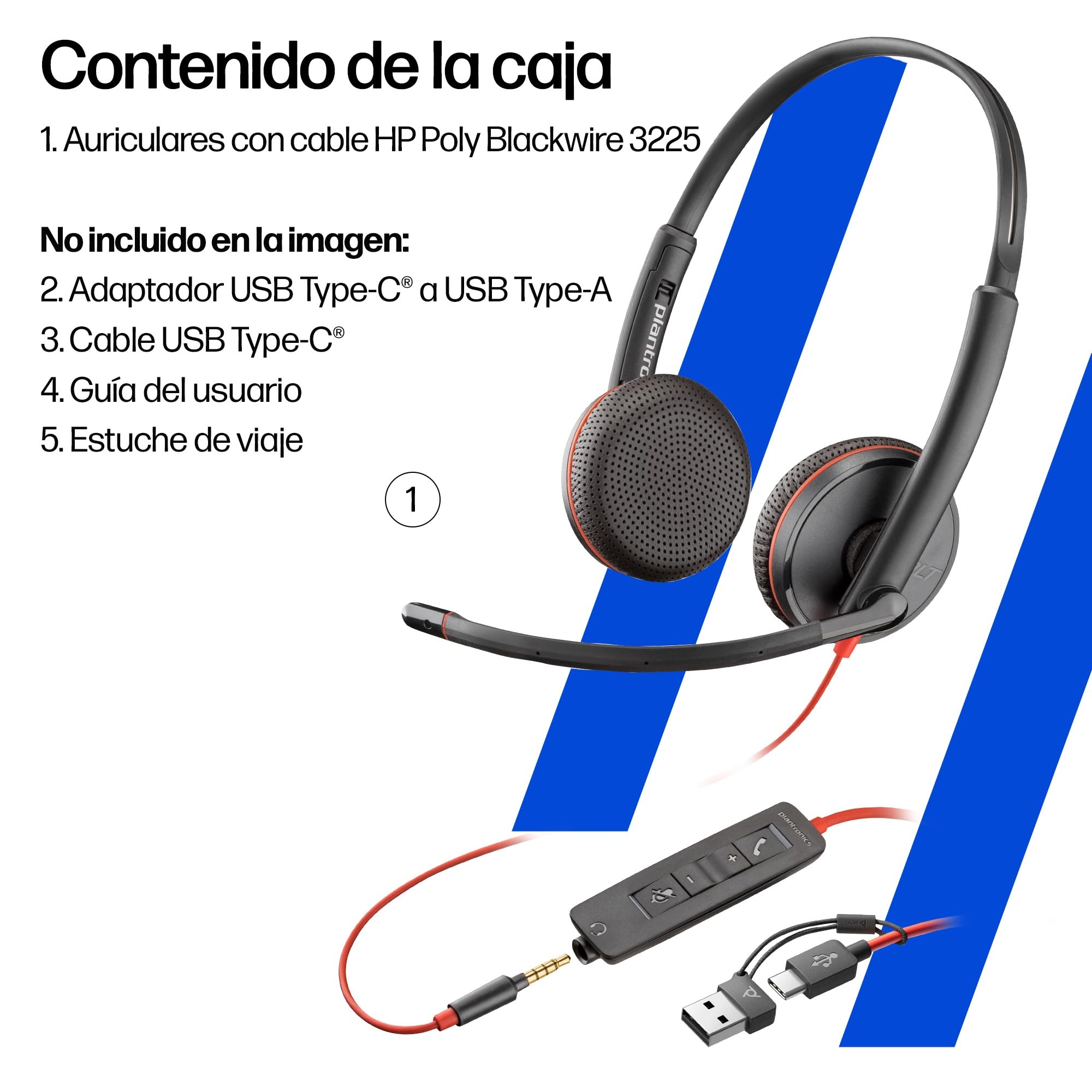 Auricular Poly Blackwire 3225 con cable - Micrófono con cancelación de ruido - Diseño estéreo - Conexión a PC/Mac/dispositivo móvil mediante USB-C, USB-A o conector de 3,5 mm - Funciona: Teams y Zoom