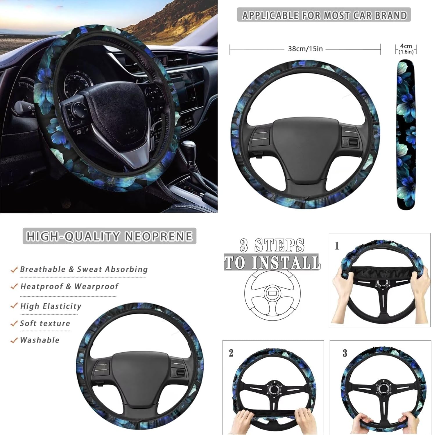 Horeset Blue Hibiscus Flower Car Seat Cover Set with Lanyards Key Holder,Bottle Holder Pad,Gear Shift Knob & Handbrake Cover,Cars Headrest Cover Accessories Interior Decor(11-Piece)