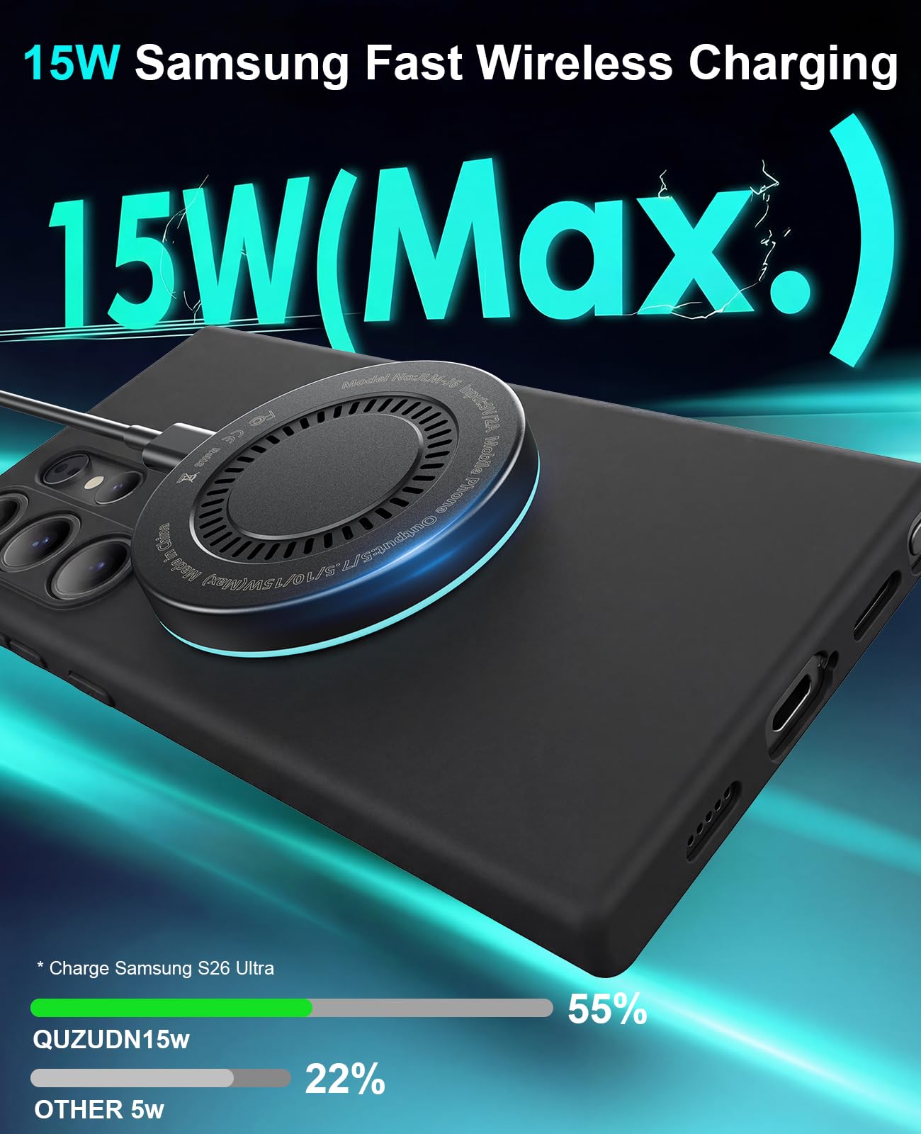 Cargador inalámbrico Samsung magnético de 6 pies, Almohadilla de Carga rápida con Puertos USB-C/A para Samsung Galaxy S26 S25 Ultra/S24 FE/S23 Ultra/S22/S21/Z Google Pixel 9-7, tecnología de imán