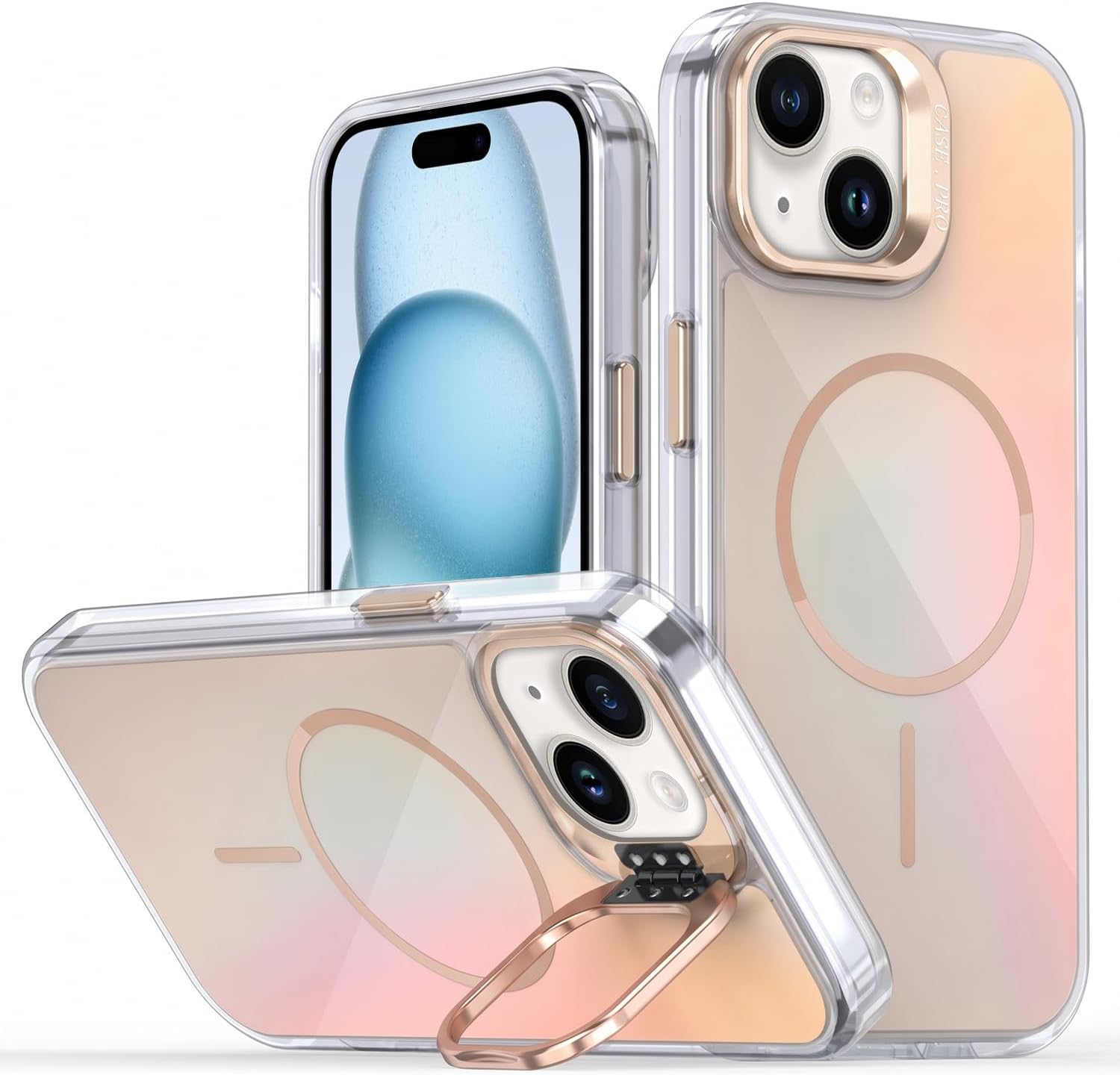 Magnetic Mobile Phone Case for iPhone 15 Case with Camera Stand for MagSafe, Unique Colour Gradient Design Protective Case, Hard PC Scratch-Resistant + TPU Shockproof Case, Desert Gold