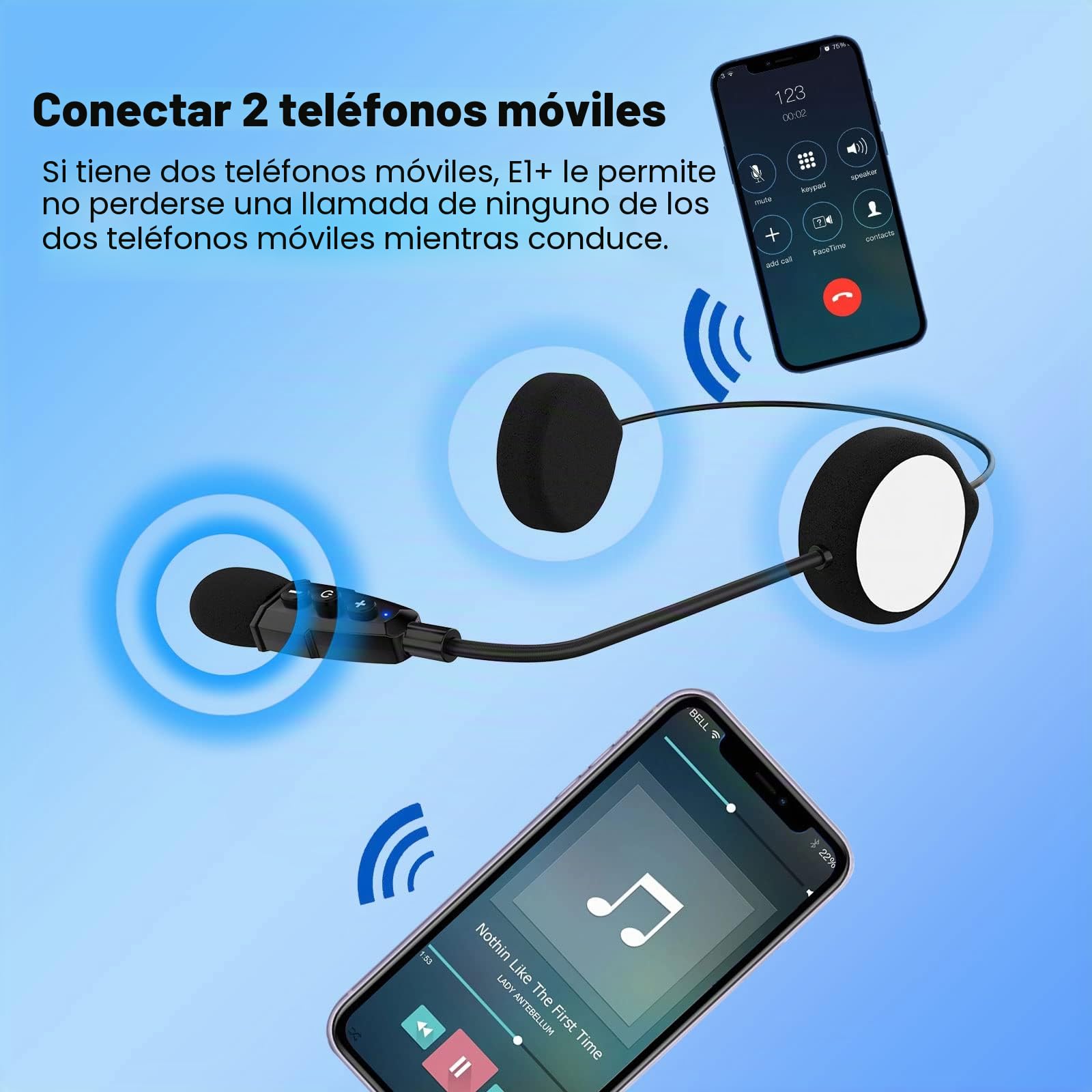 EJEAS E1+ Auriculares Bluetooth 5.1 para Casco de Motocicleta, con Función de Reducción de Ruido CVC y Efectos de Sonido 3D, Altavoz con Casco de Motocicleta Puede Conectar 2 Teléfonos Móviles