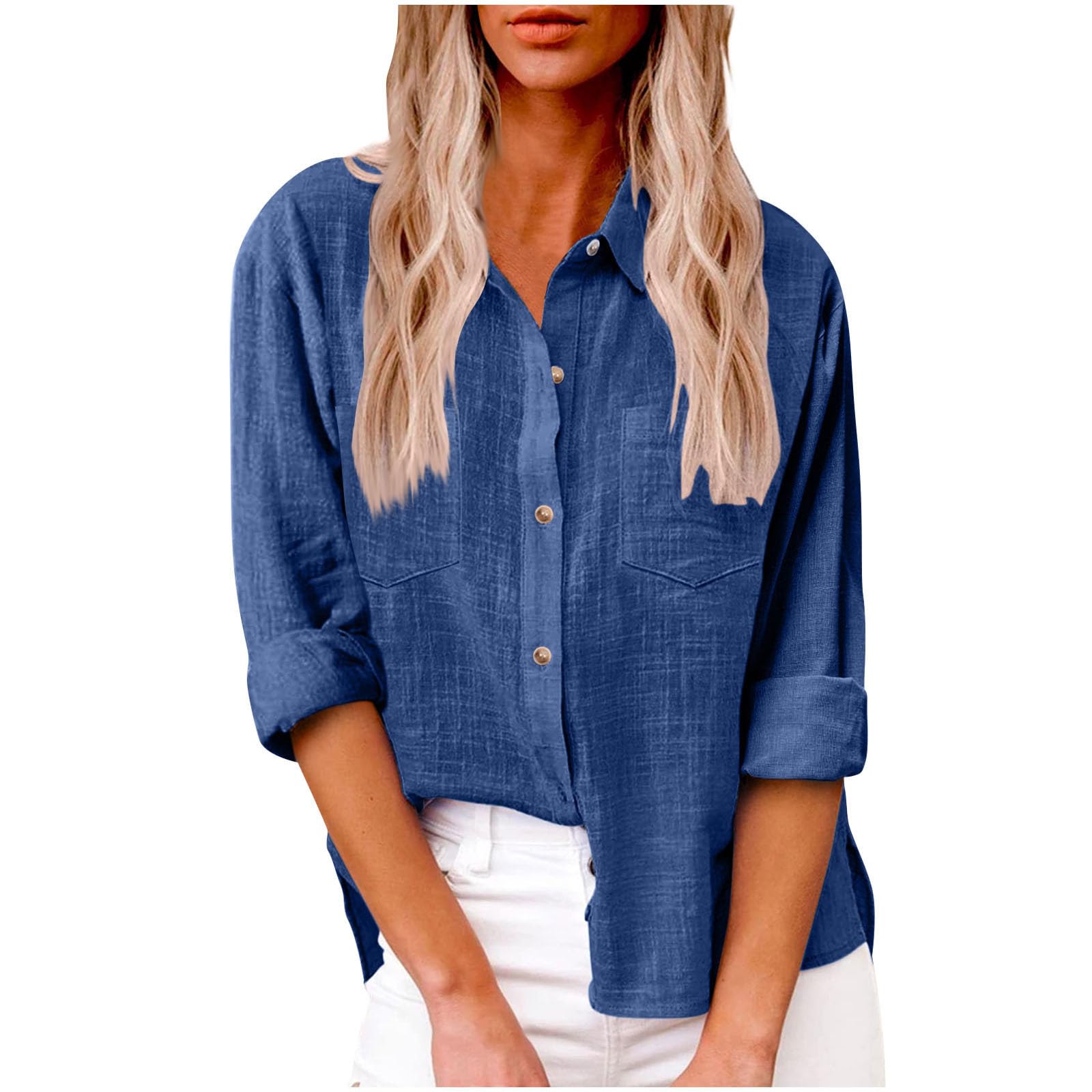AMhomely Womens Button Down Shirts Long Sleeve Blouse Plus Size Button Down Casual Tops Oversized Cotton Linen Tunic Tops with Pocket Loose Pullover Tunic Tops Elegant Flowy Blouse Dark Blue S