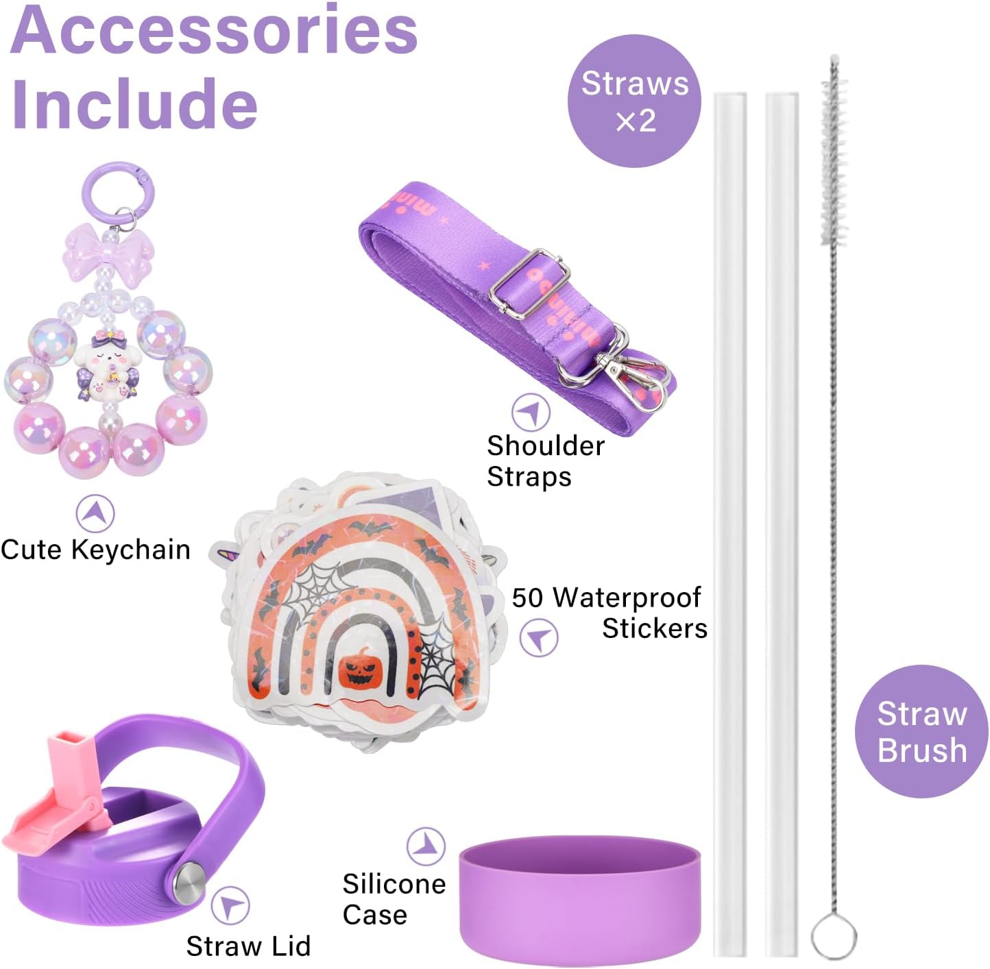 Mininoo Insulated Stainless Steel Kids Water Bottle for School with Straw Lid & Strap, 50 Stickers, 18 oz(Purple/Pink) - Image 7