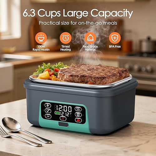 Miniatura 2 de Lonchera eléctrica inalámbrica, 6.3 tazas, 100 W, con batería de 20000 mAh, para autocalentamiento, incluye cuchara de tenedor y bolsa aislada para