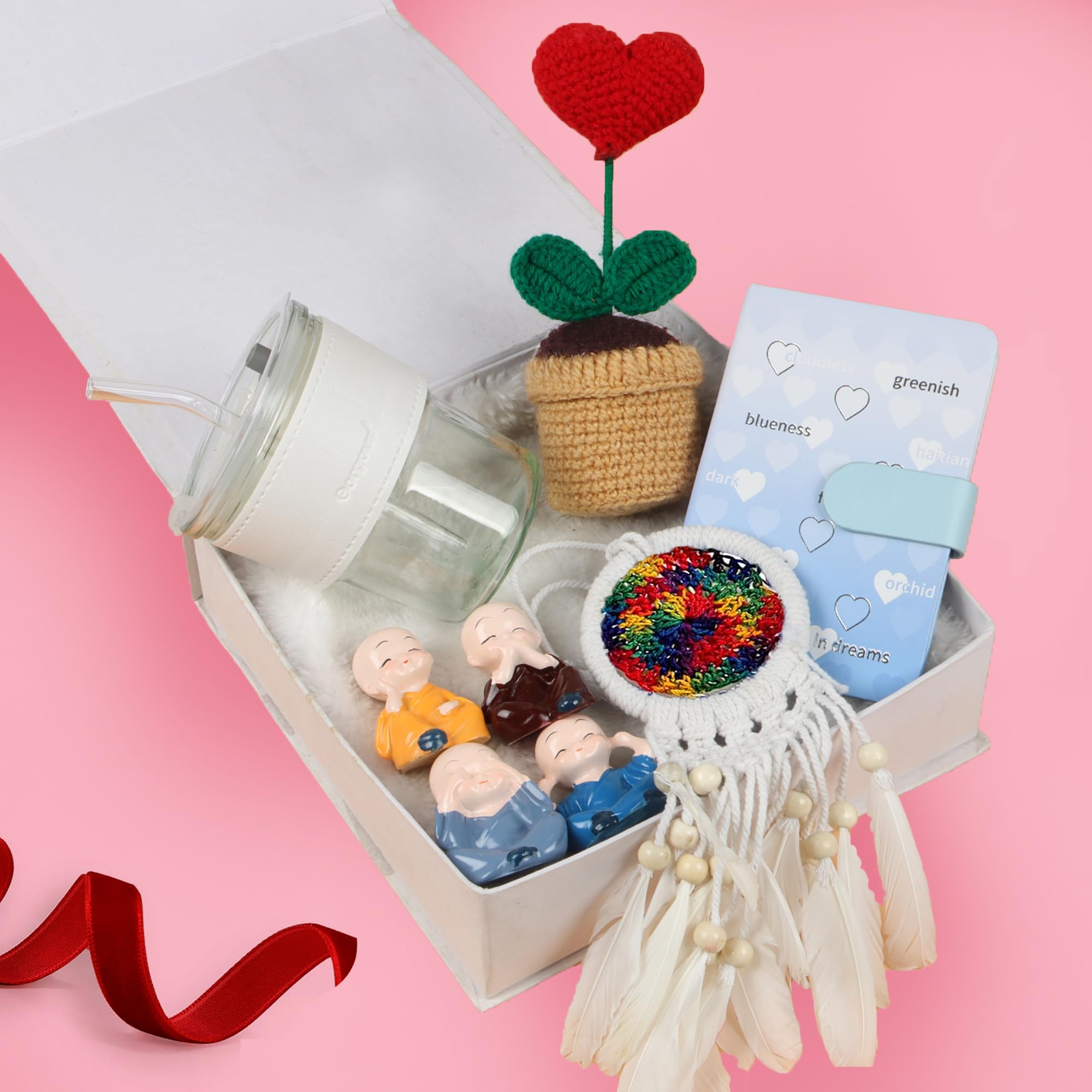 The Loony Box Surprise Love Gift Hamper for Valentine Day, Birthday, Anniversary | Crochet Heart Pot, Sipper, Monk, Diary & Dreamcatcher for Home Decor & Gifting to Loved Ones-image-44