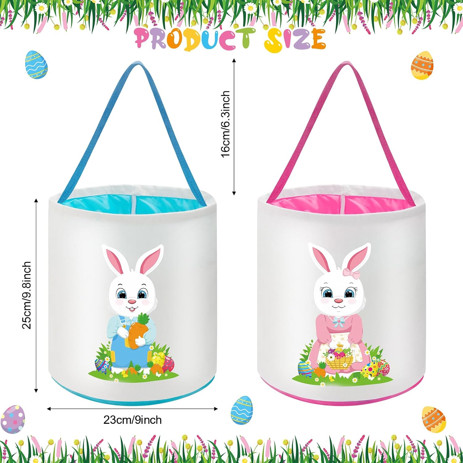Capoda 2 Pcs Easter Bunny Basket Bags Canvas Easter Eggs Hunt Basket Rabbit Bucket Tote Gift Bags for Party Decor Supplies(Vivid) image 2