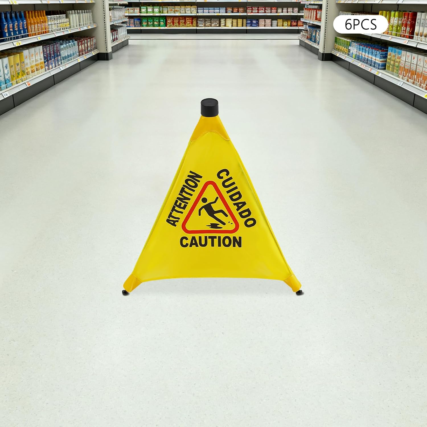 6 Pcs 20 inch Caution Wet Floor Sign Pop Up Slippery When Wet Sign Foldable Bilingual Yellow Safety Warning Caution Cone with Storage Tube for Commercial Office Industrial