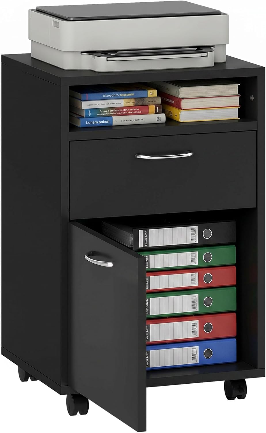 HOMCOM Mobile Storage Cabinet Organizer with Drawer and Cabinet, Printer Stand with Castors, Black