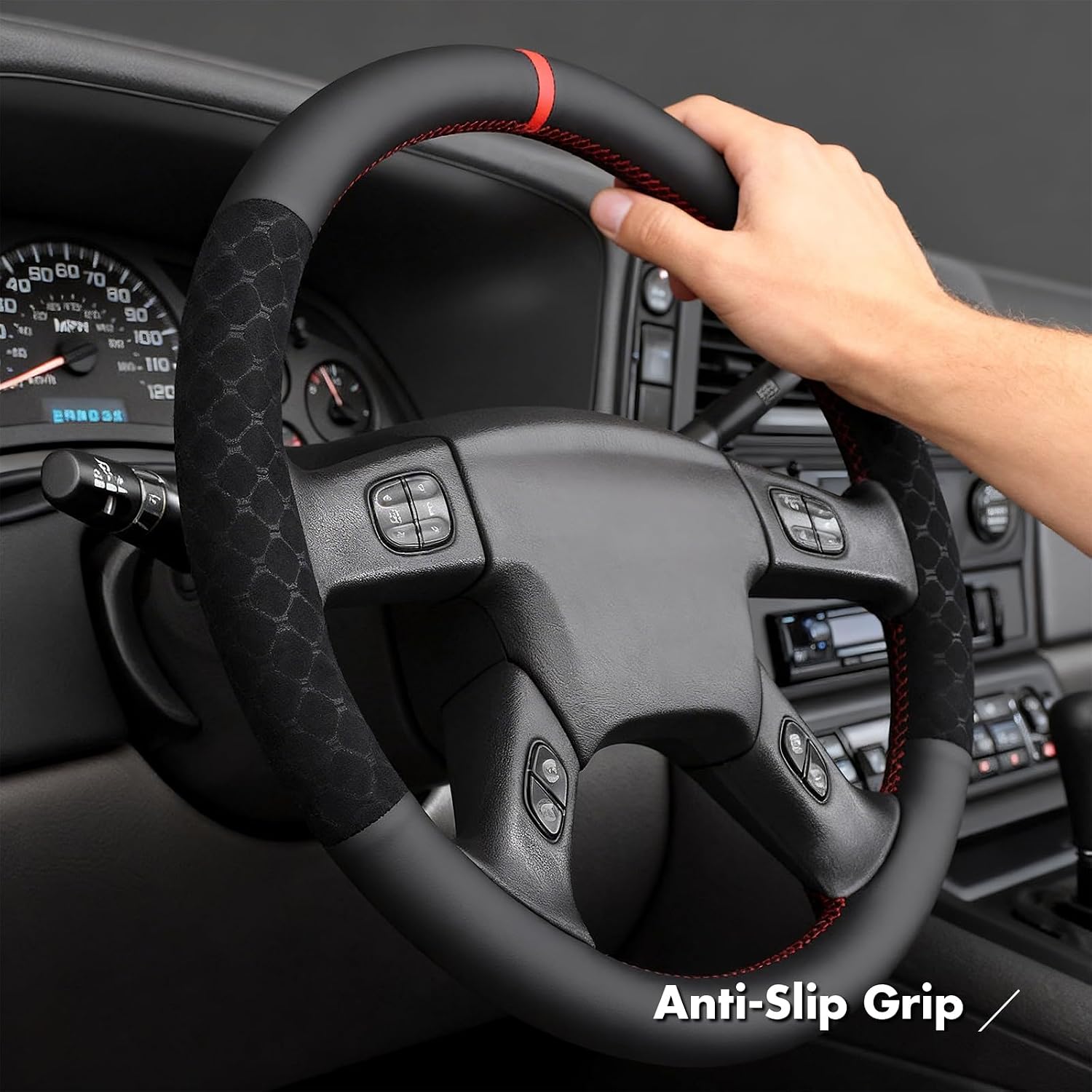 MEWANT Hand Stitch Steering Wheel Cover for Chevy Silverado 1500 2500 3500 2003-2006 2007 Classic Trailblazer 2002-2009 Genuine Leather Diamond Embossed Athsuede Steering Wheel Protector Wrap