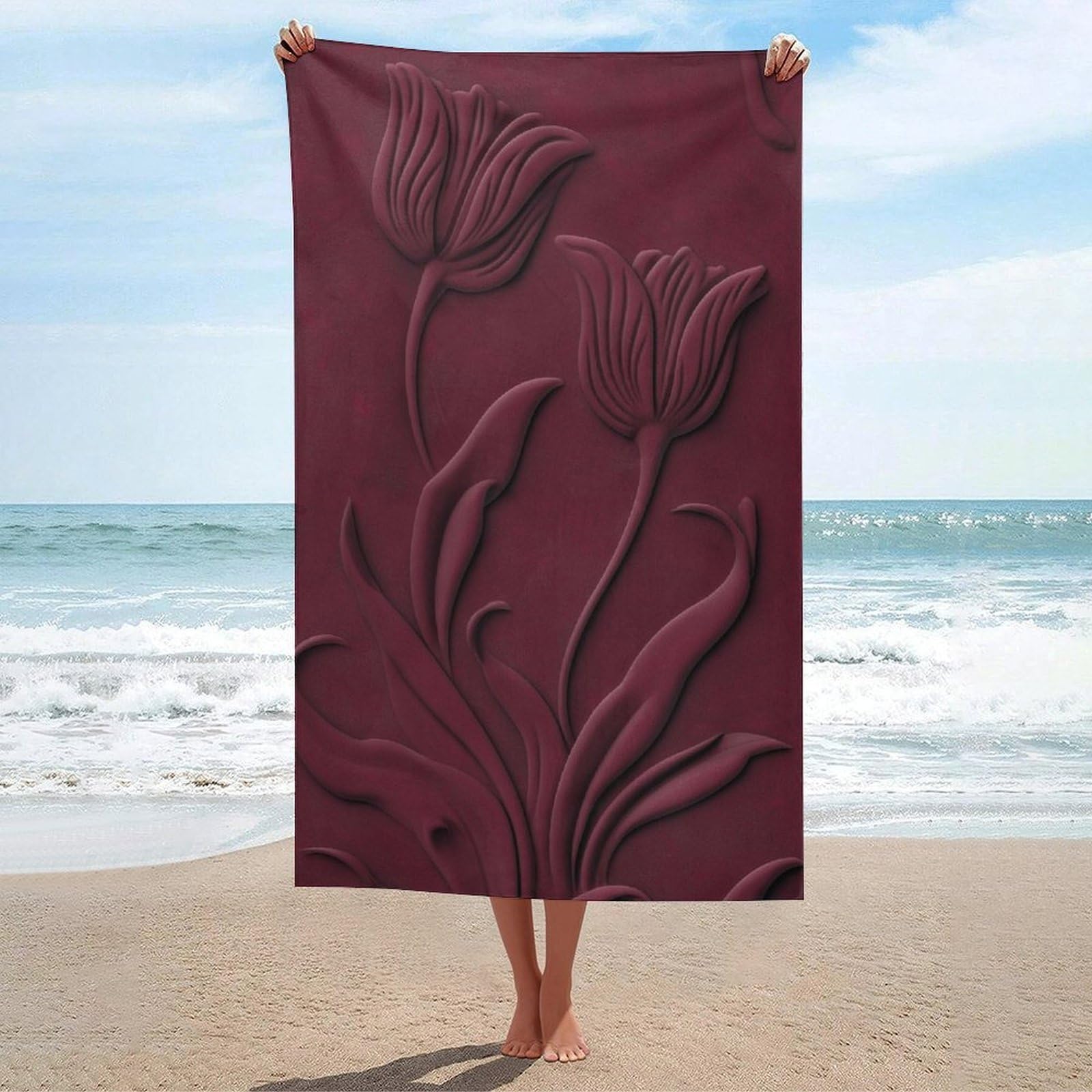 asbwuo Deep Burgundy Embossed Tulip Floral Pattern Beach Towel
