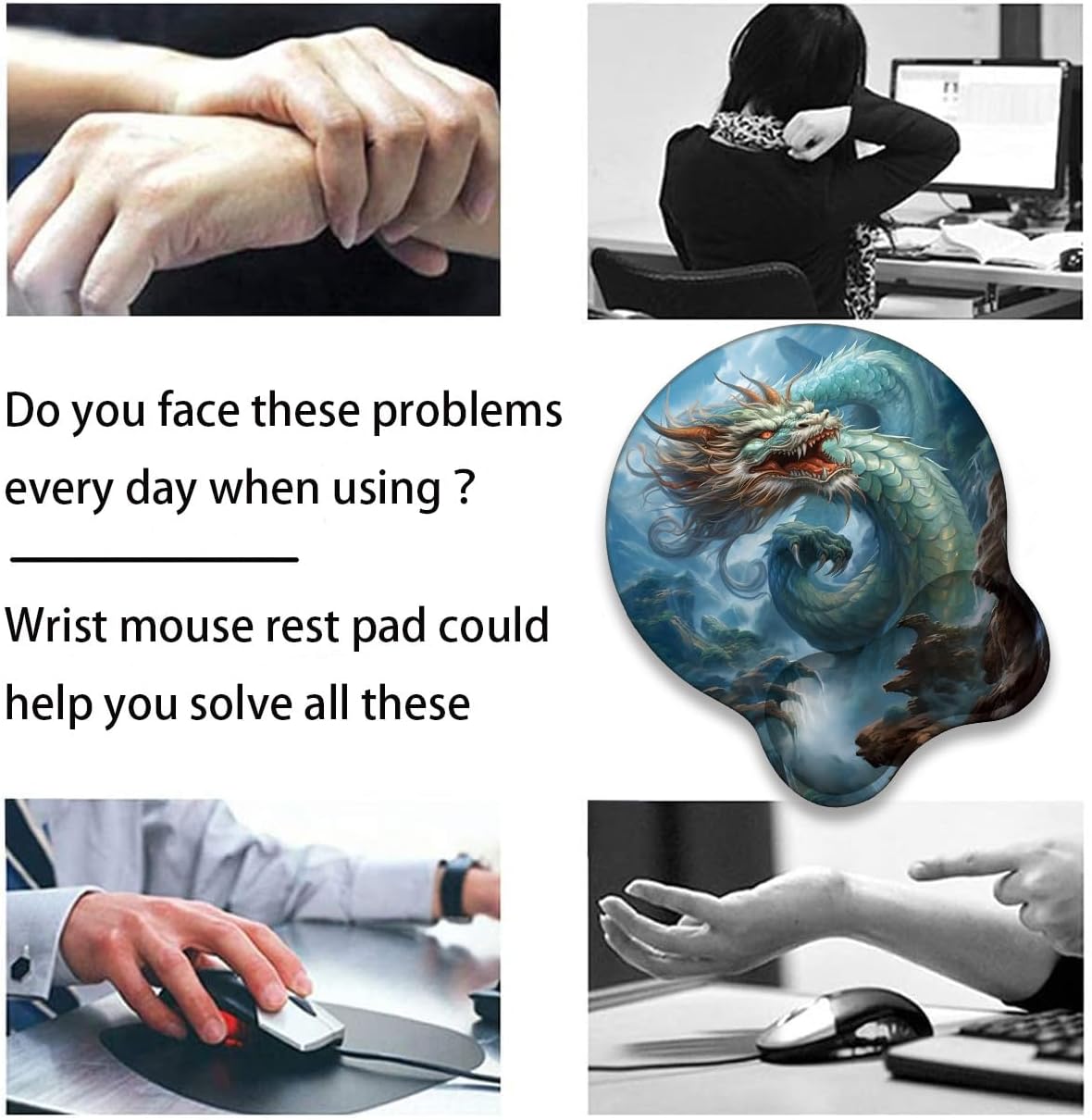 Mouse Wrist Rest and Keyboard Wrist Rest Pad+ Coaster Set, Non-Slip Rubber Base Smooth Surface Ergonomic Gaming Mouse Pad for Easy Typing and Pain Relief, Azure Dragon