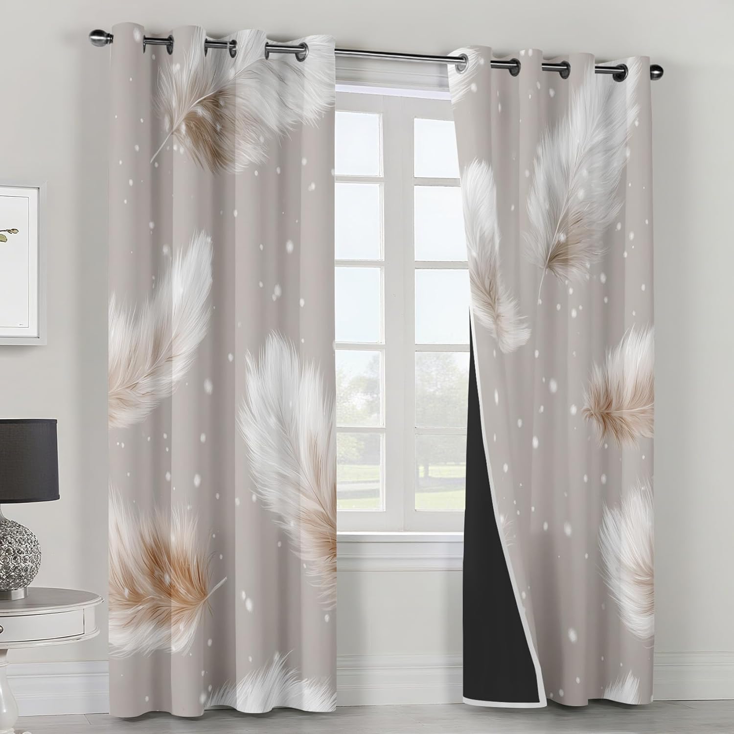 White Feathers Curtains for Bedroom, Minimalist Animal Feather Blackout Curtains Living Room Decor, White Plumage Thermal Insulated Grommet Drapes & Home Decor, 27.5 x 39 Inch 2 Panels K-X24