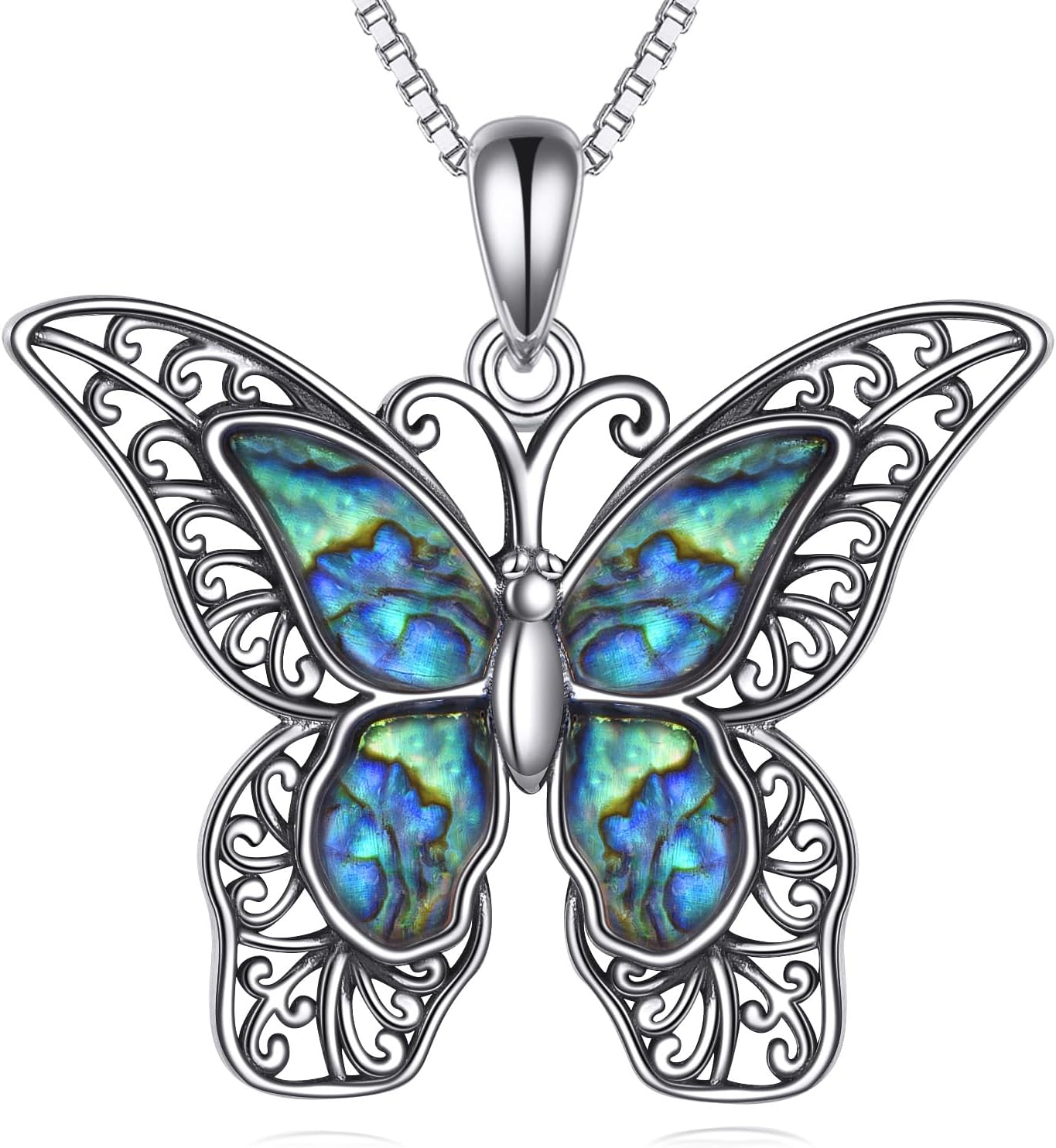 Abalone Filigree Butterfly Necklace Sterling Silver for Women, Mother of Pearl Jewelry Unique Vintage Gift for Christmas or Birthday