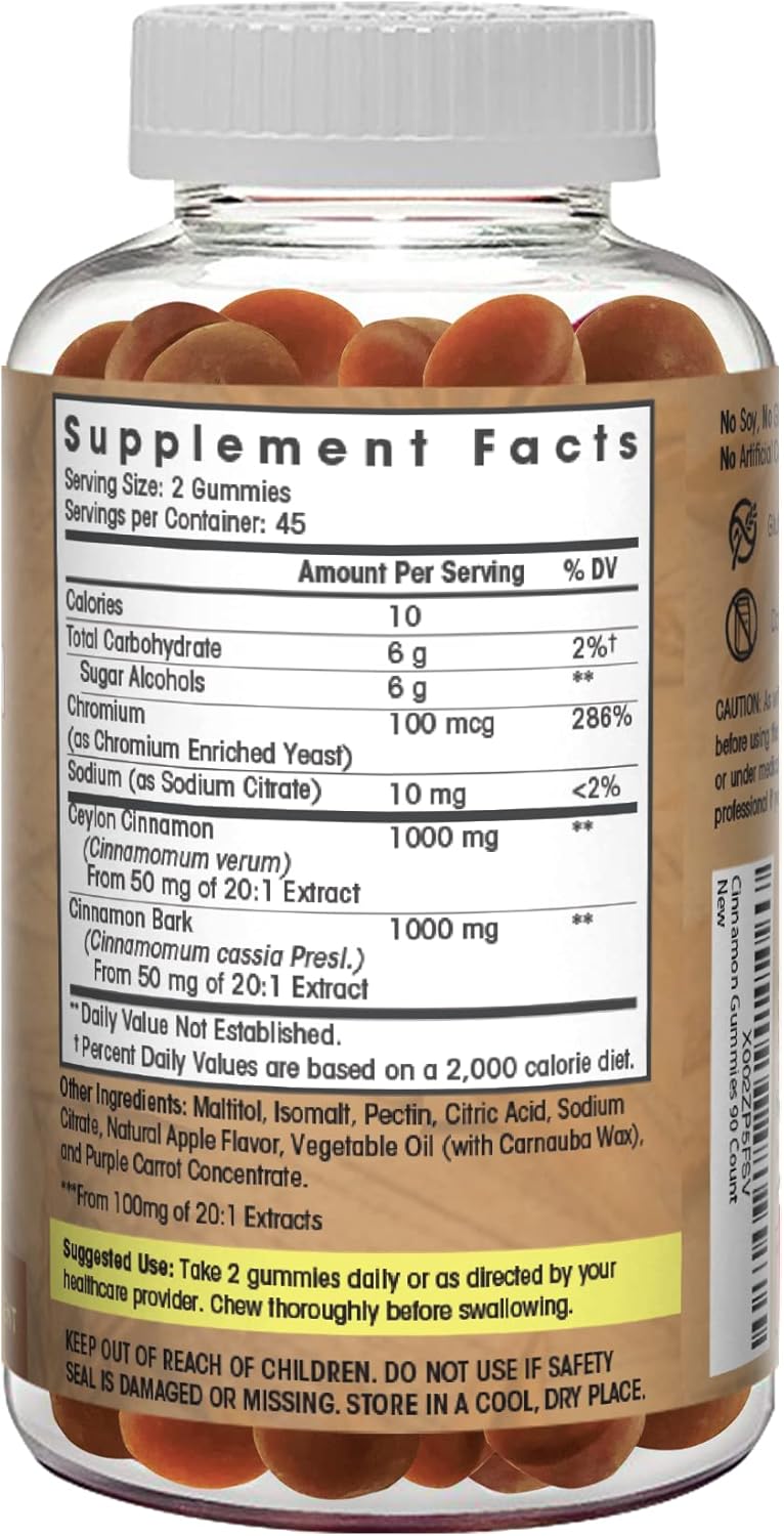 Sugar Free Ceylon Cinnamon Gummies 2000mg- Blood Sugar Support- Made in USA, Vegan, Naturally Flavored, 90 Count : Health & Household