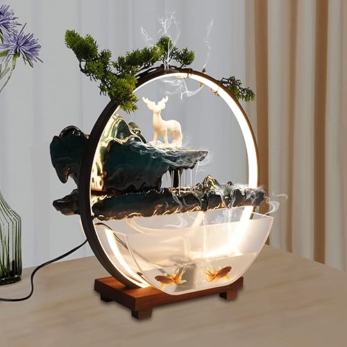 Miniatura 2 de Fuentes de agua de mesa para interiores, cascada con niebla, fuentes de agua LED para interiores para meditación con plantas falsas, decoración de