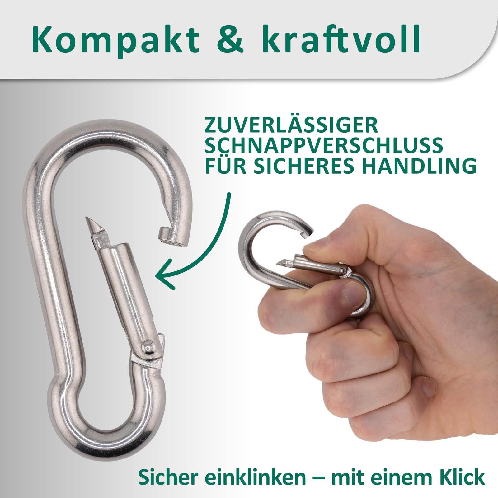 DSM - Moschettone con gancio a molla, antiruggine, 10 x 100 mm, in acciaio inox A4, simile a DIN 5299C, a forma di pera, portata fino a 870 kg, per campeggio, portachiavi, escursionismo, outdoor, 15