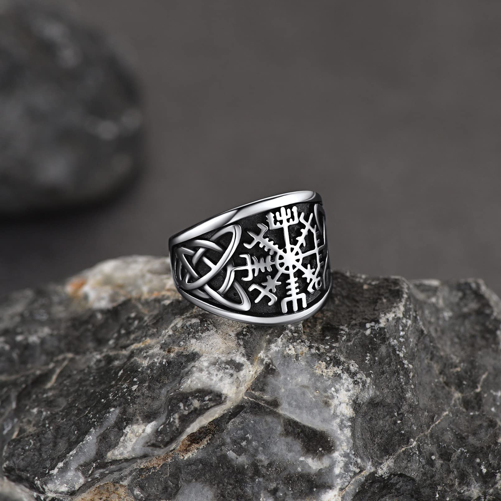 FaithHeart Anello Vichingo da Uomo Bussola Runica Vegvisir Spirito Nautico Amuleto Gioielli Nodo Trinità Celtico in Stile Nordico Anello Figo per Hiphop Punk