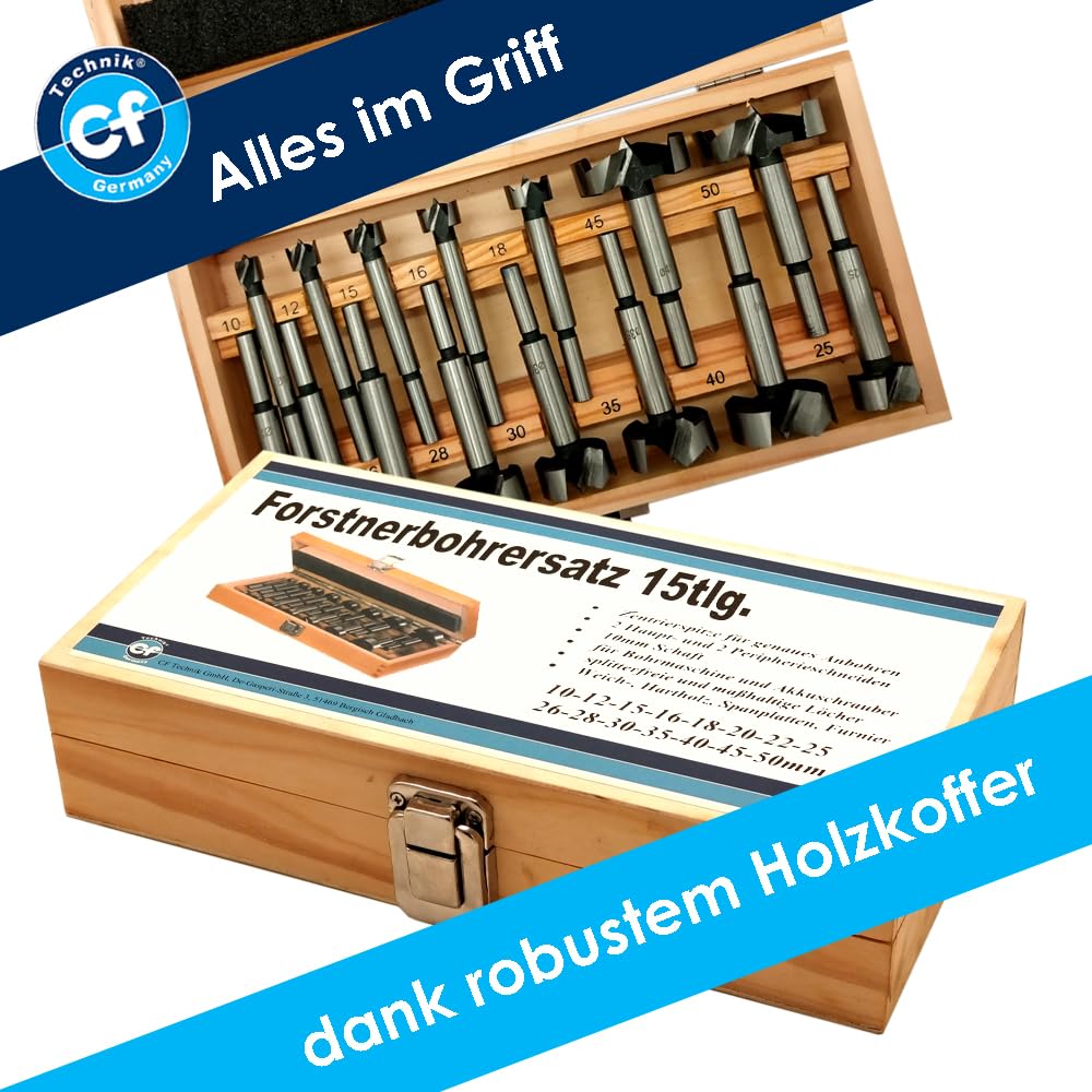 Forstnerbohrer Set 15-tlg. Ø10–50 mm im Holzkoffer – Holzbohrer aus hochwertigem C45 Stahl – Ø10 mm Zylinderschaft – für Hartholz, Weicholz, MDF und Spanplatten - von CF Technik