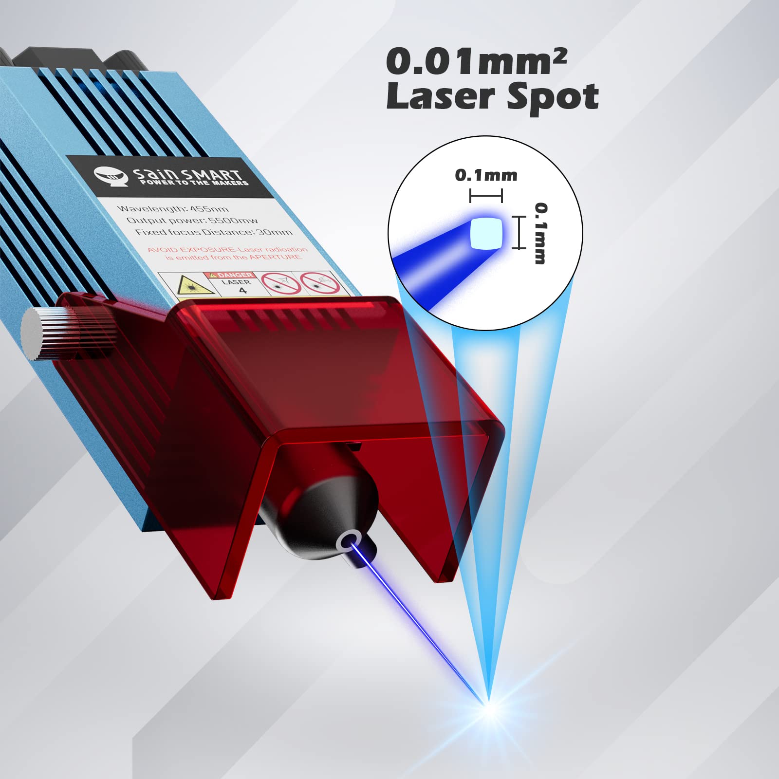 Module laser Genmitsu CFL55P 5,5 W FAC avec buse à assistance pneumatique et spot laser de 0,1 mm pour machines CNC 3018-PRO, 3018-PROVer, 3018-PROVer V2 et 3020-PRO MAX