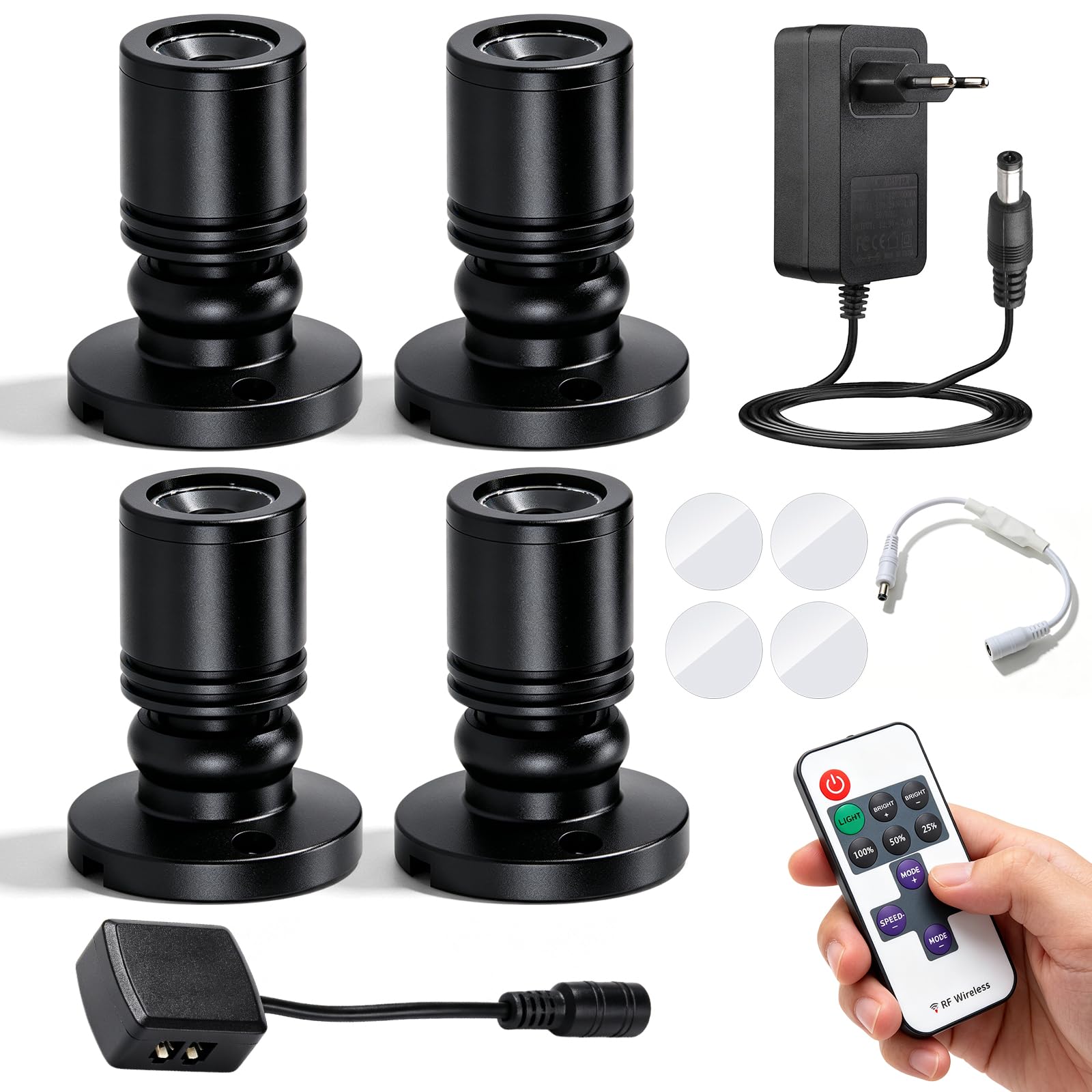 Juego de 4 mini focos LED con mando a distancia, 1,5 W, 3000 K, giro de 180°, para interiores, control Bluetooth, regulable, pequeño juego de luz para joyas, pasillos, armarios de vitrina