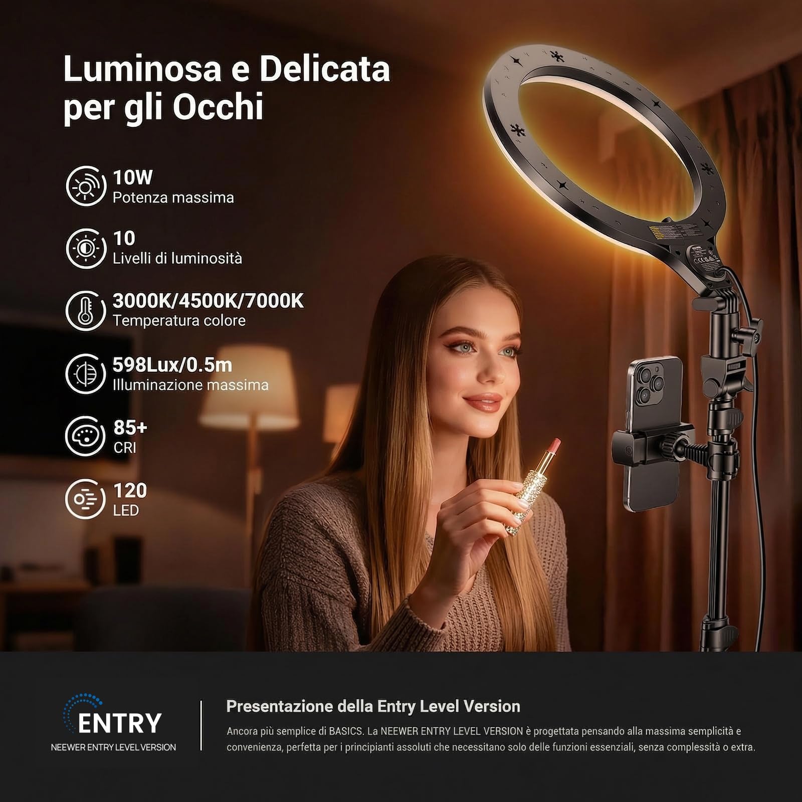 NEEWER ENTRY LEVEL VERSION 10,5" 10W Ring Light con Treppiede da 66", Porta Telefono Overhead Compatibile con iPhone, Luce per Selfie LED Bicolore CRI85+ per TikTok Registrazione Video Streaming, N43