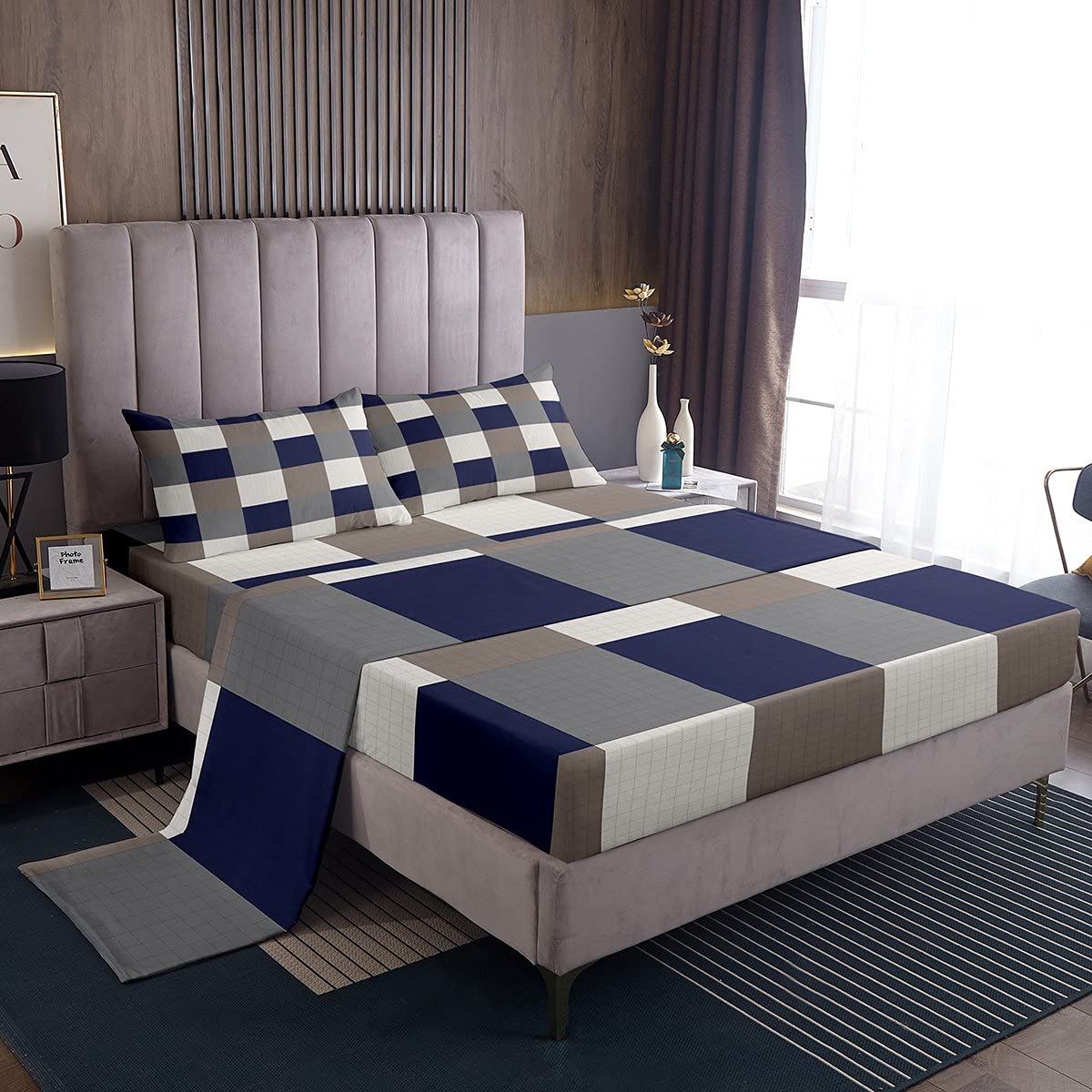 Buffalo Check Bed Sheets Boys Girls Navy Blue Gray Checkered Sheet Set Women Men Kids Farmhouse Plaid Bedding Set Geometric Gingham Grid Bed Sheet Set Bedroom Bed Set King Size
