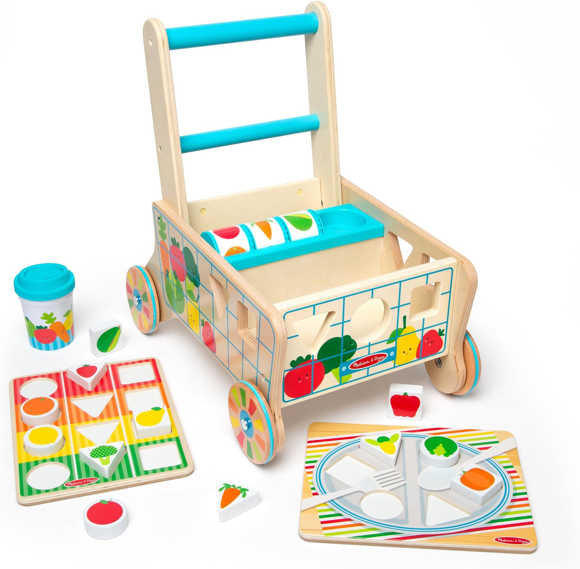 Wooden Shape Sorting Grocery Cart Push Toy and Puzzles | Shape Sorter | Wooden toy for Children | Developmental Toy for Toddlers | 0+ | Gift for Baby Boys or Baby Girls - FSC Certified