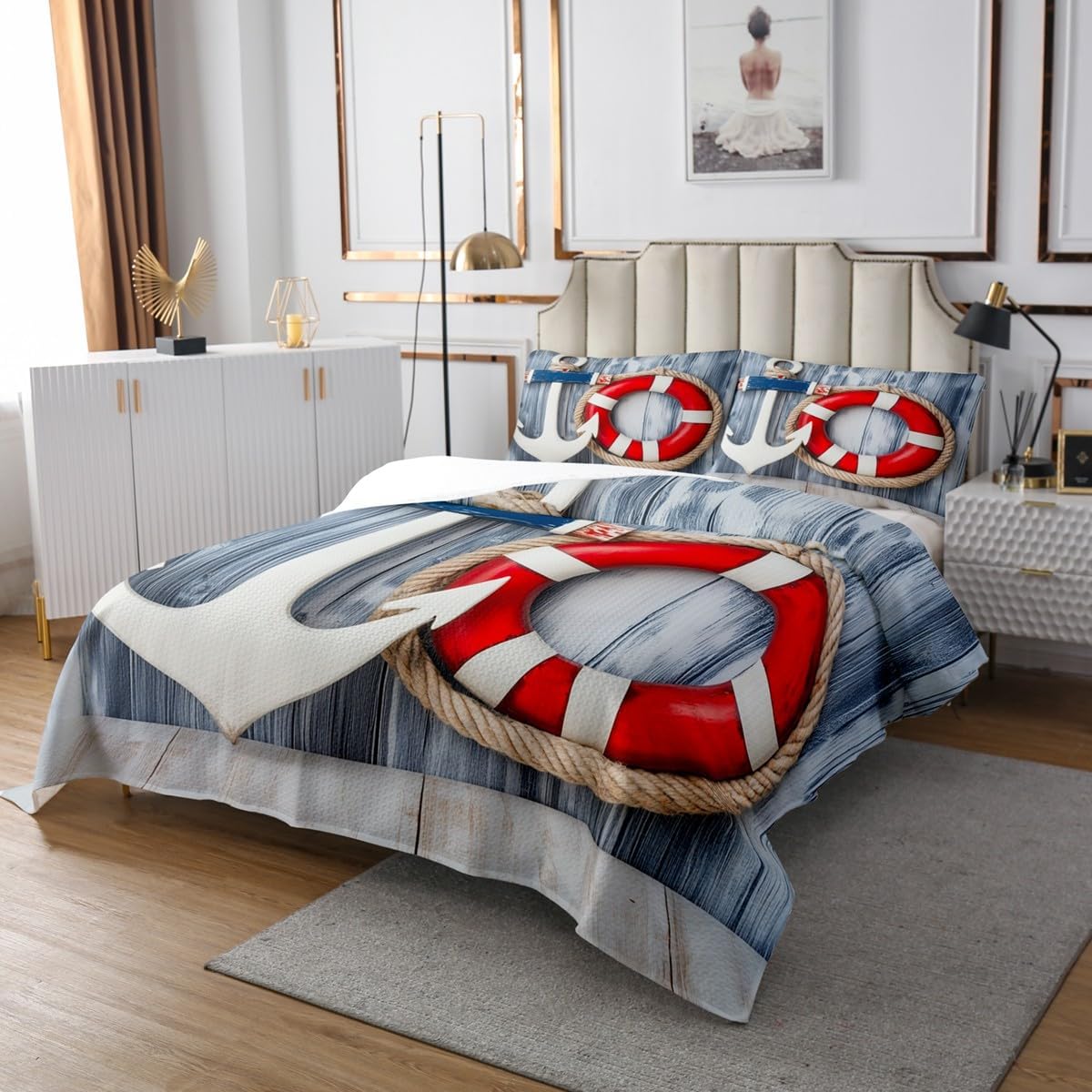 Erosebridal Nautical Bedspread Set Sailboat Lighthouse Quilt Set Watercolor Ocean Themed Coverlet Queen Summer Beach Bedding Set Decoratives 3pcs Sea Adventure Bedroom Decor, Luxury White Light Blue