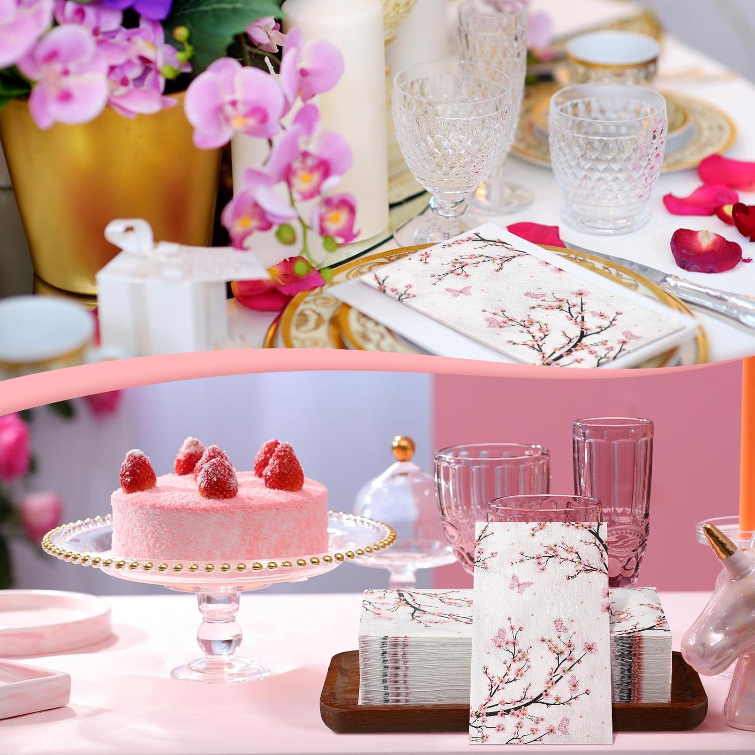 Spiareal 200 Pcs Disposable Paper Hand Towels, Pink Cherry Blossom Guest Napkins, Decorative Paper Napkins for Bathroom, Wedding, Party, Bridal Shower(Vivid,7.8 x 4.3 Inches)