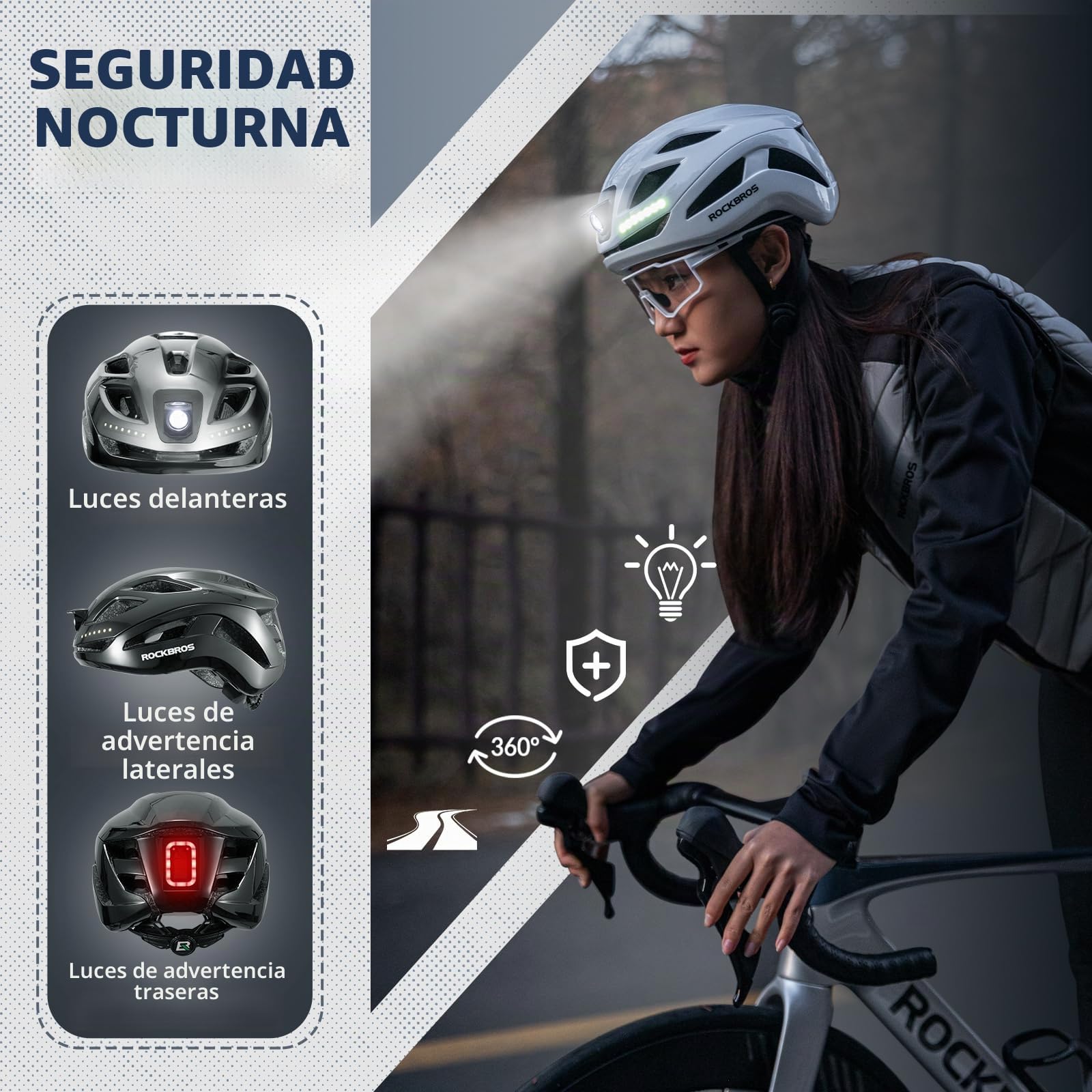 ROCKBROS Casco de Bicicleta con Luz Delantera Lateral y Trasera, Casco Ciclismo Adulto para Hombre Mujer, Casco de MTB Ajustable 58-60 cm