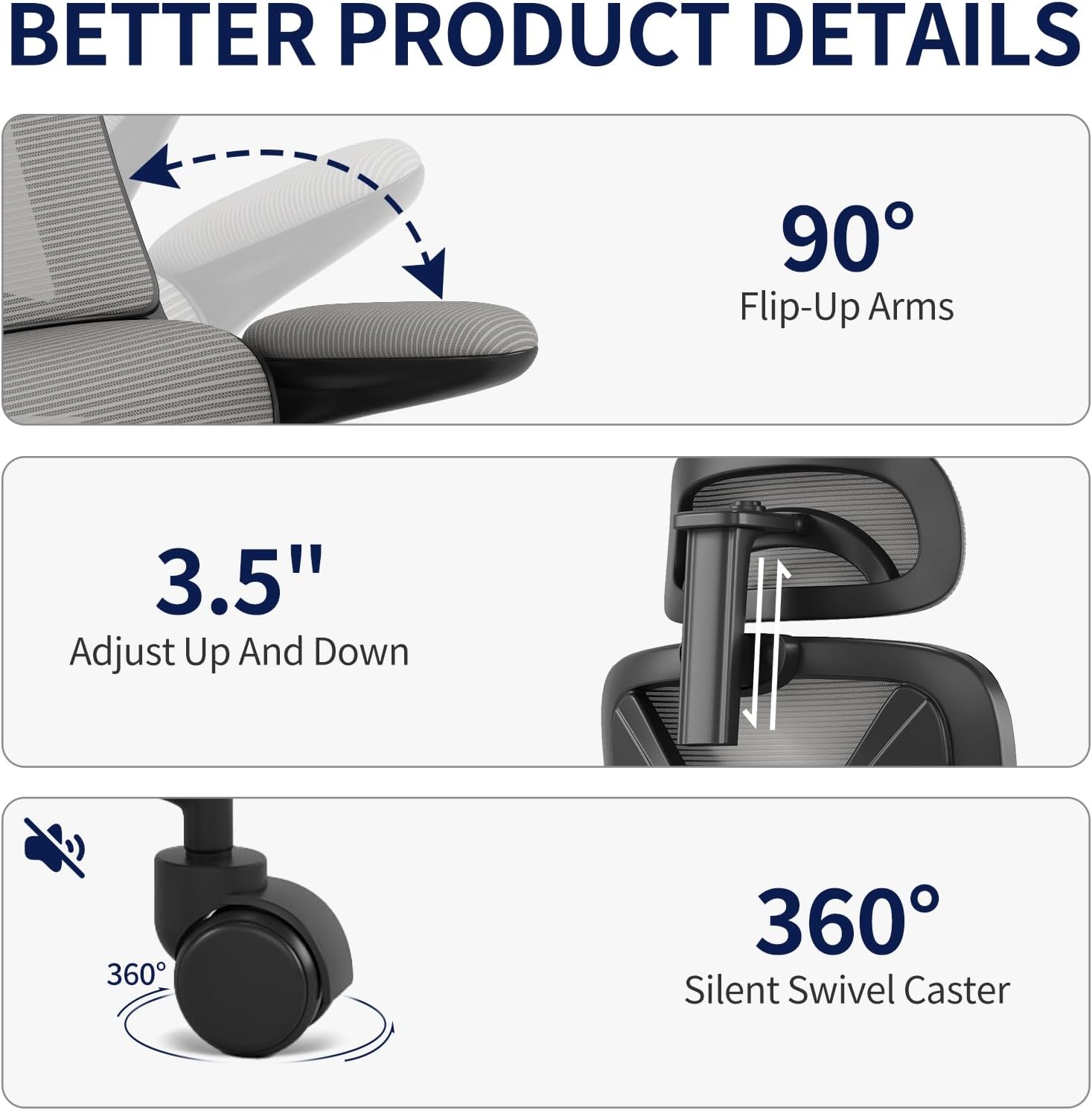 Ergonomic Office Chair - Desk Chair with Adjustable Headrest Lumbar Support Computer Chair - Mesh Comfy Chair with Flip-up Armrests - Gaming Chairs for Adults Home Office 330 LBS (Black+Gray)