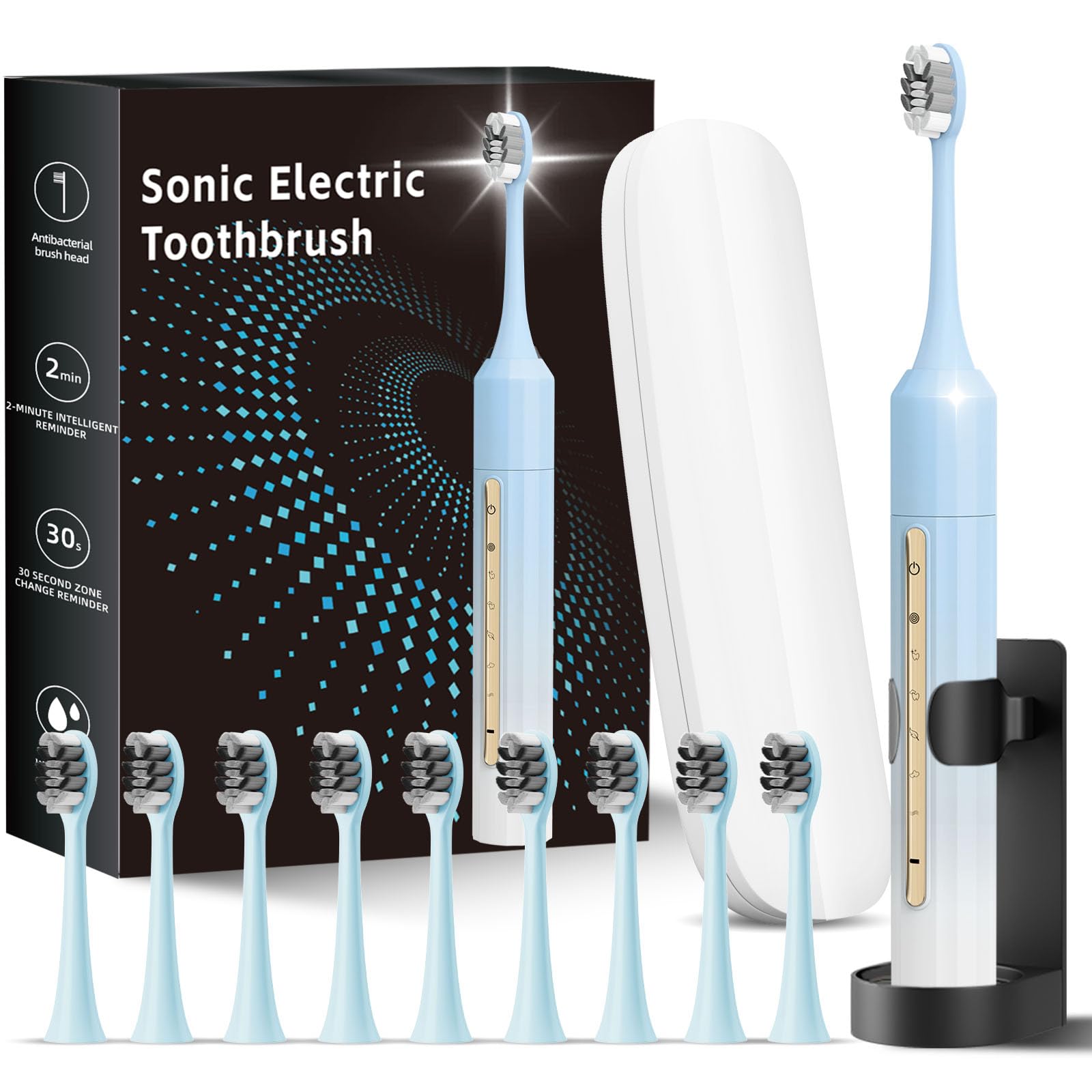 Fairir Cepillo de dientes eléctrico Sonic para adultos y niños, 10 cabezales de cepillo, batería de 30 días, 5 modos, temporizador de 2 minutos, impermeable IPX8, recargable y apto para viajes (azul y