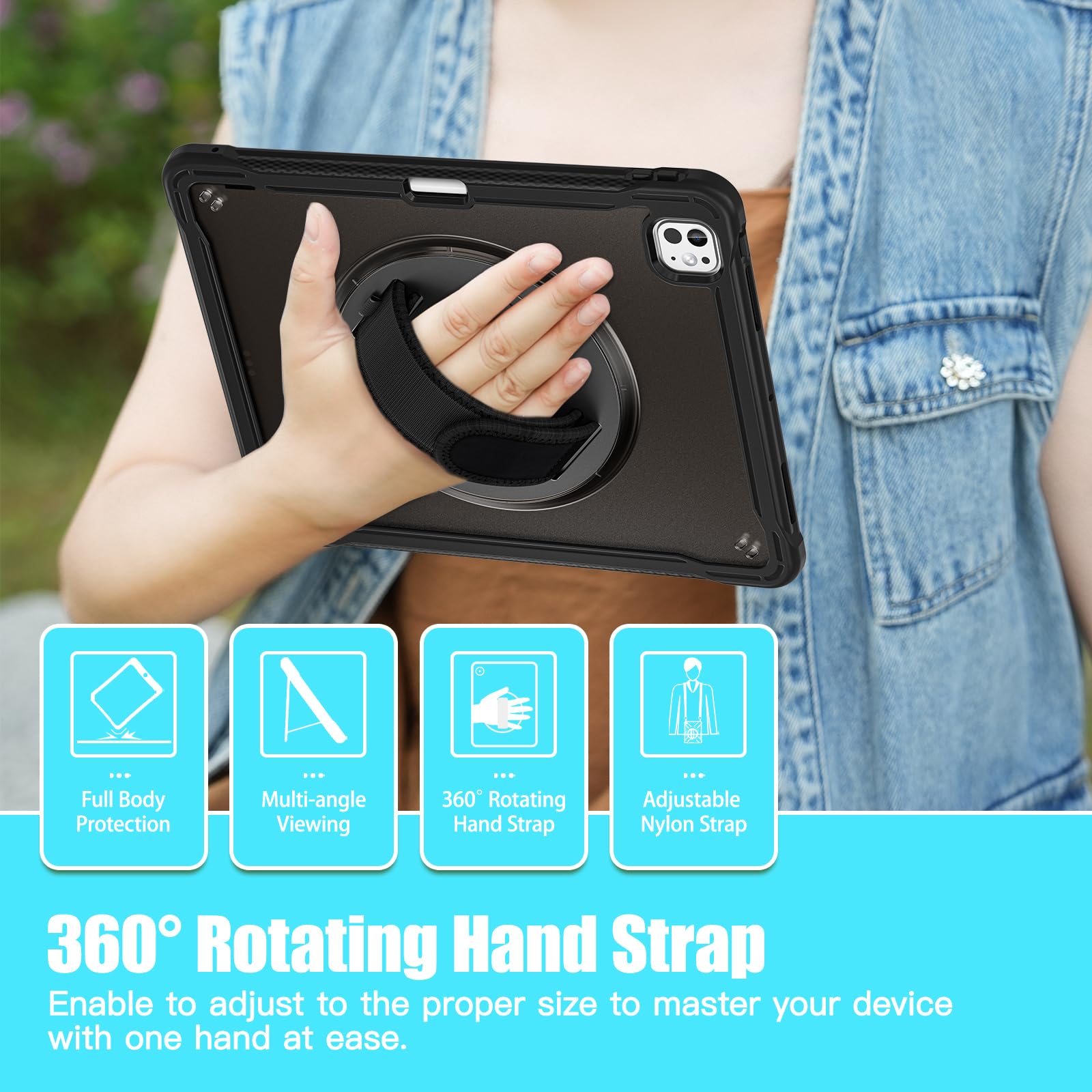 Miesherk Case For IPad Pro 13 Inch, Military Grade Heavy Duty Shockproof IPad 13 M4 Case (2024, 7th Generation) - Screen Protector, Rotating Stand, Pencil Holder, Hand/Shoulder Strap, Black