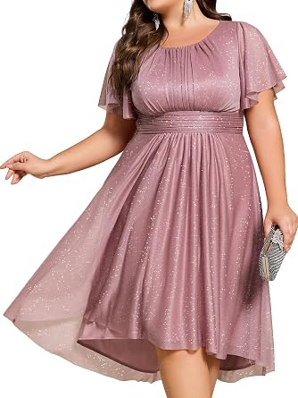 Ever-Pretty Plus Womens Round Neck Glitter Elastic Band Back Short Sleeves Midi Plus Size Formal Wedding Guest Dresses