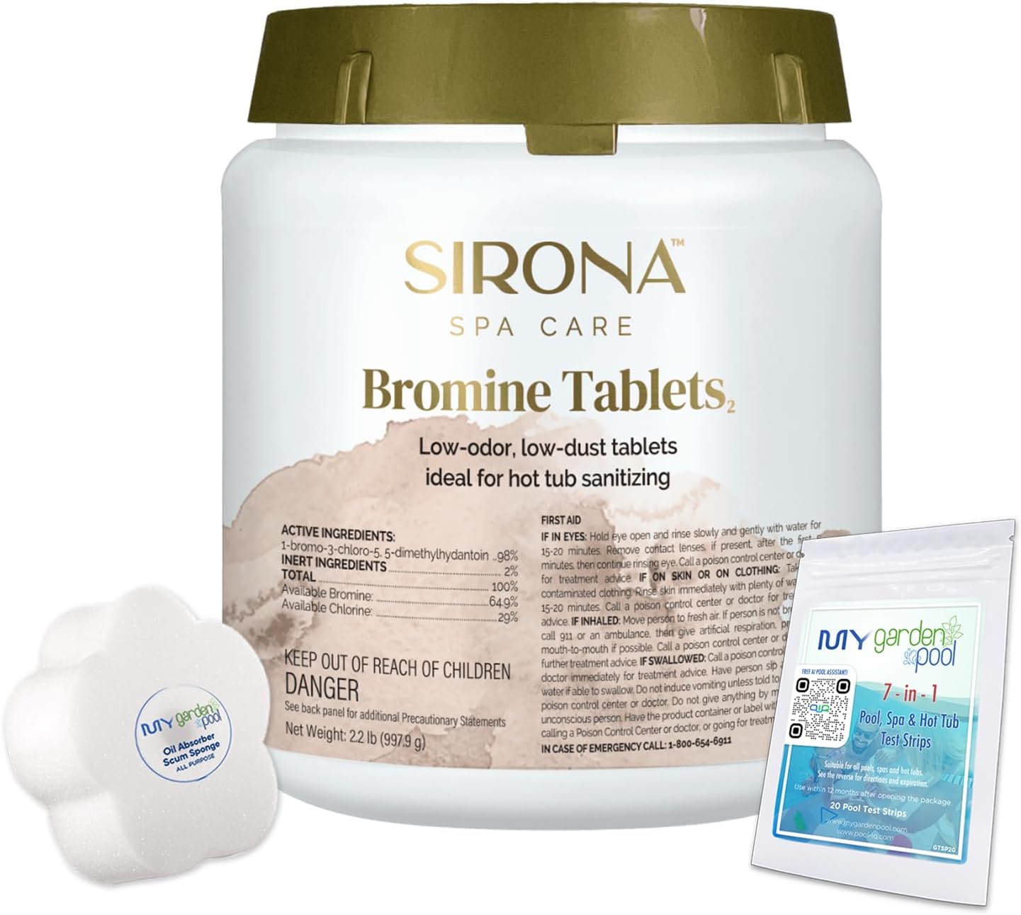 Sirona Brom Tabs 2.2 lb – Bromine Tablets for Spas & Pools – Long-Lasting Sanitizer for Clear, Comfortable Water – Includes My Garden Pool Sponge, 7-in-1 Test Strip & Pool-IQ AI Assistant