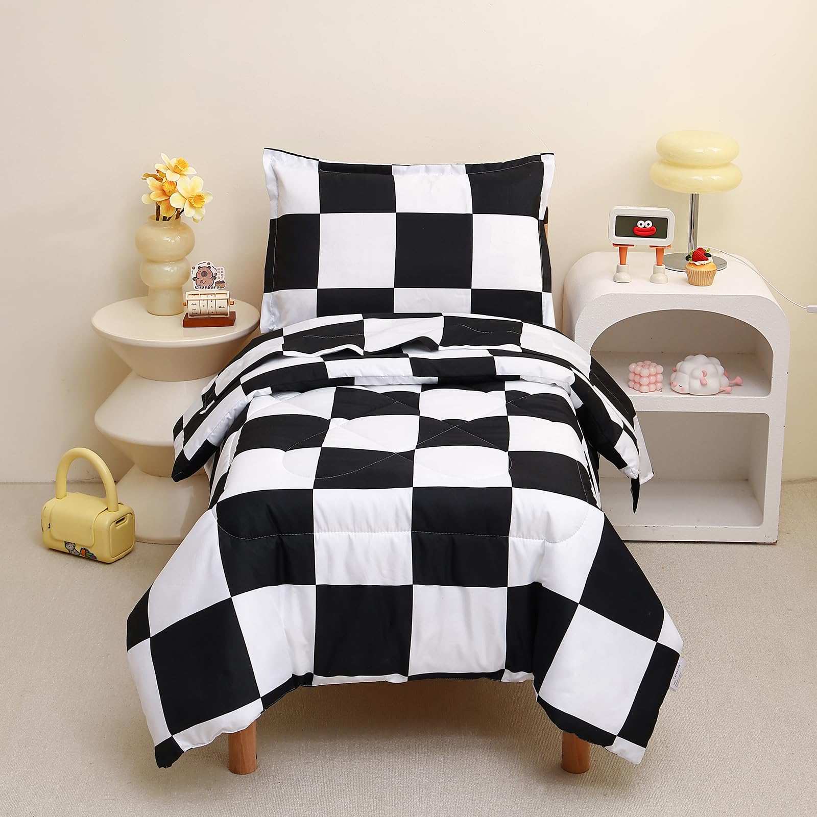 Caressma Checkered Toddler Bedding Set Black White Plaid Comforter Set
