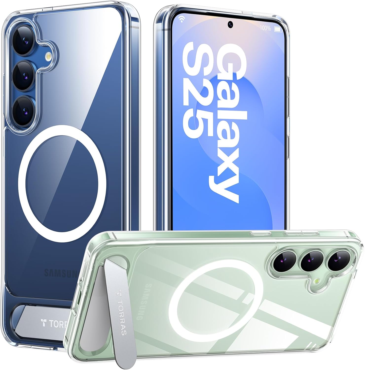 TORRAS Strong Magnetic & Seamless Stand for Samsung Galaxy S25 Case, Fit for MagSafe, Mil-Grade Drop Protection, Adjustable Kickstand for Samsung Galaxy S25 Case, Anti-Yellowing Diamond Clear for Galaxy S25 Clear