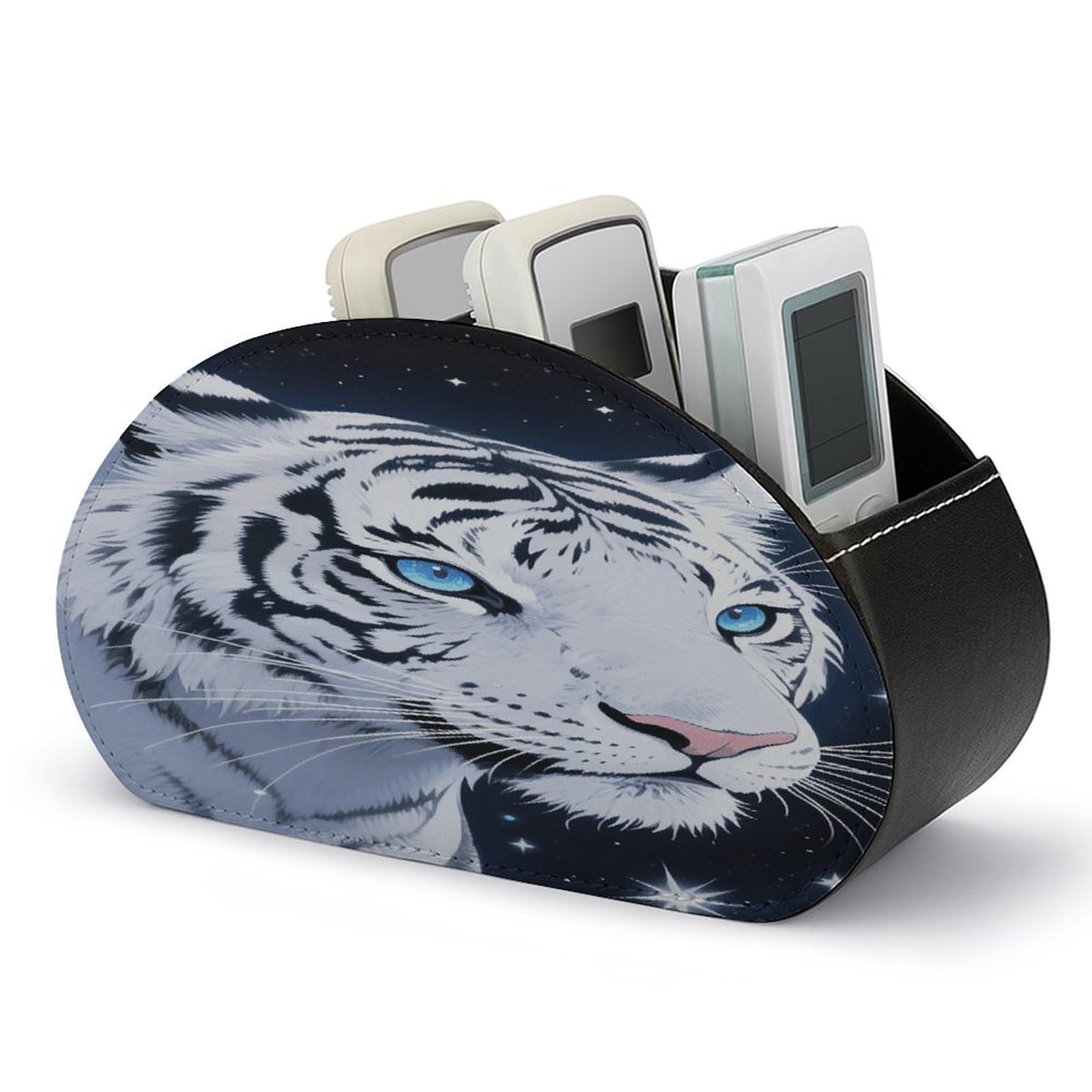 VstaDank Tiger And Moon Remote Control Holder with 5 Compartments PU Leather Remote Caddy Desktop Organizer Store TV Remote Control Storage Box for Home Office Desk Nightstand