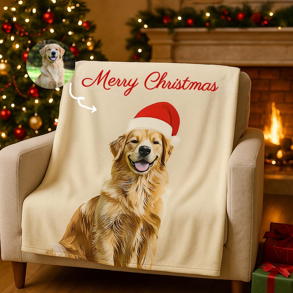 Personalised Pet Photo Blanket | Custom Dog & Cat Portrait Soft Flannel Throw with Santa Hat Design for Christmas Winter Holiday | Cosy Warm Blanket for Home, Sofa or Travel - Gifts for Pet Lovers