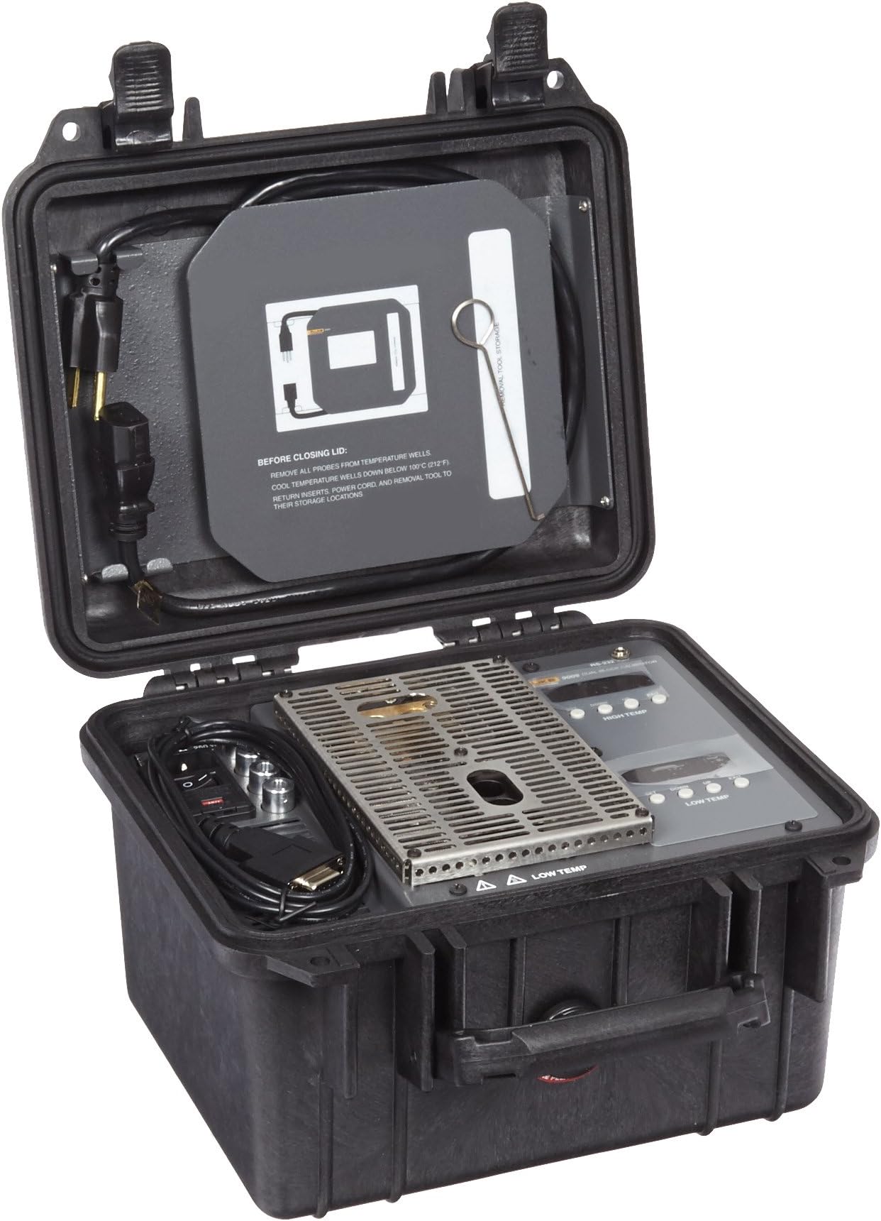 Fluke Calibration 9009-B-156 Industrial Dual-Block Thermometer Dry-Well Calibrator with Two 1/4" and Two 3/16" Inserts, Black Case, 110V, 50/60Hz